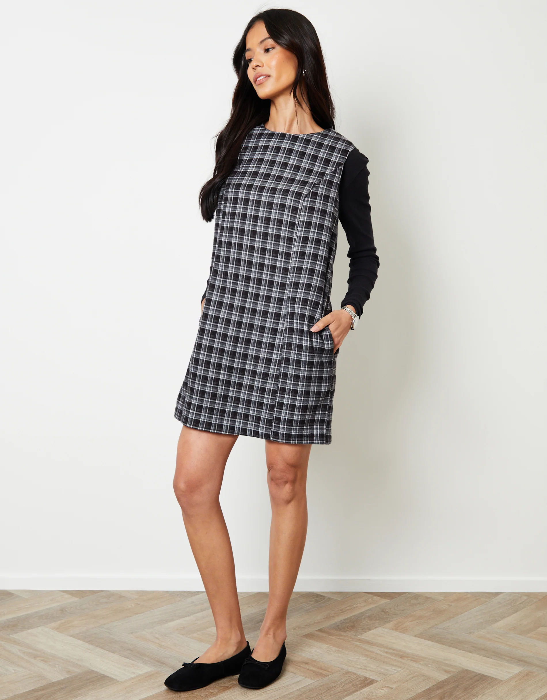A-Line Mini Pinafore Dress in Mono Check