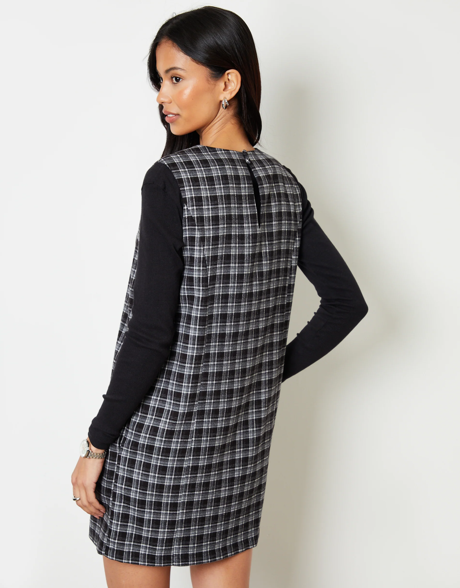 A-Line Mini Pinafore Dress in Mono Check - Image 3