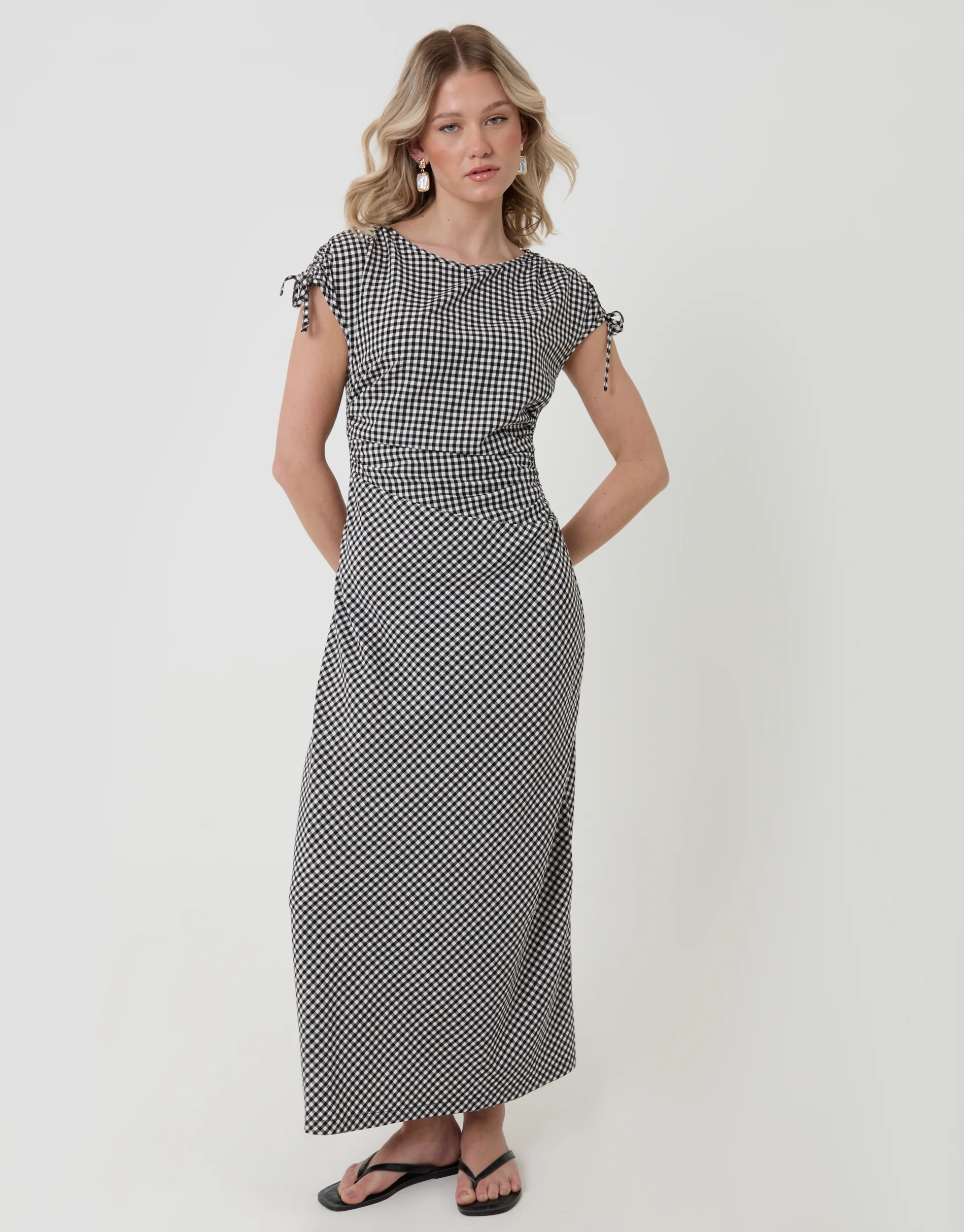 Ruched Midi Dress with Shoulder Tie Details in Mono Gingham - Image 3