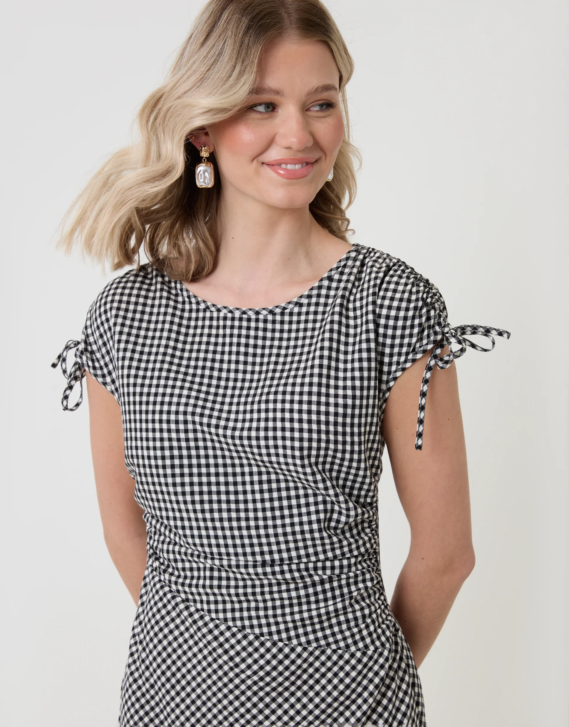 Ruched Midi Dress with Shoulder Tie Details in Mono Gingham - Image 4