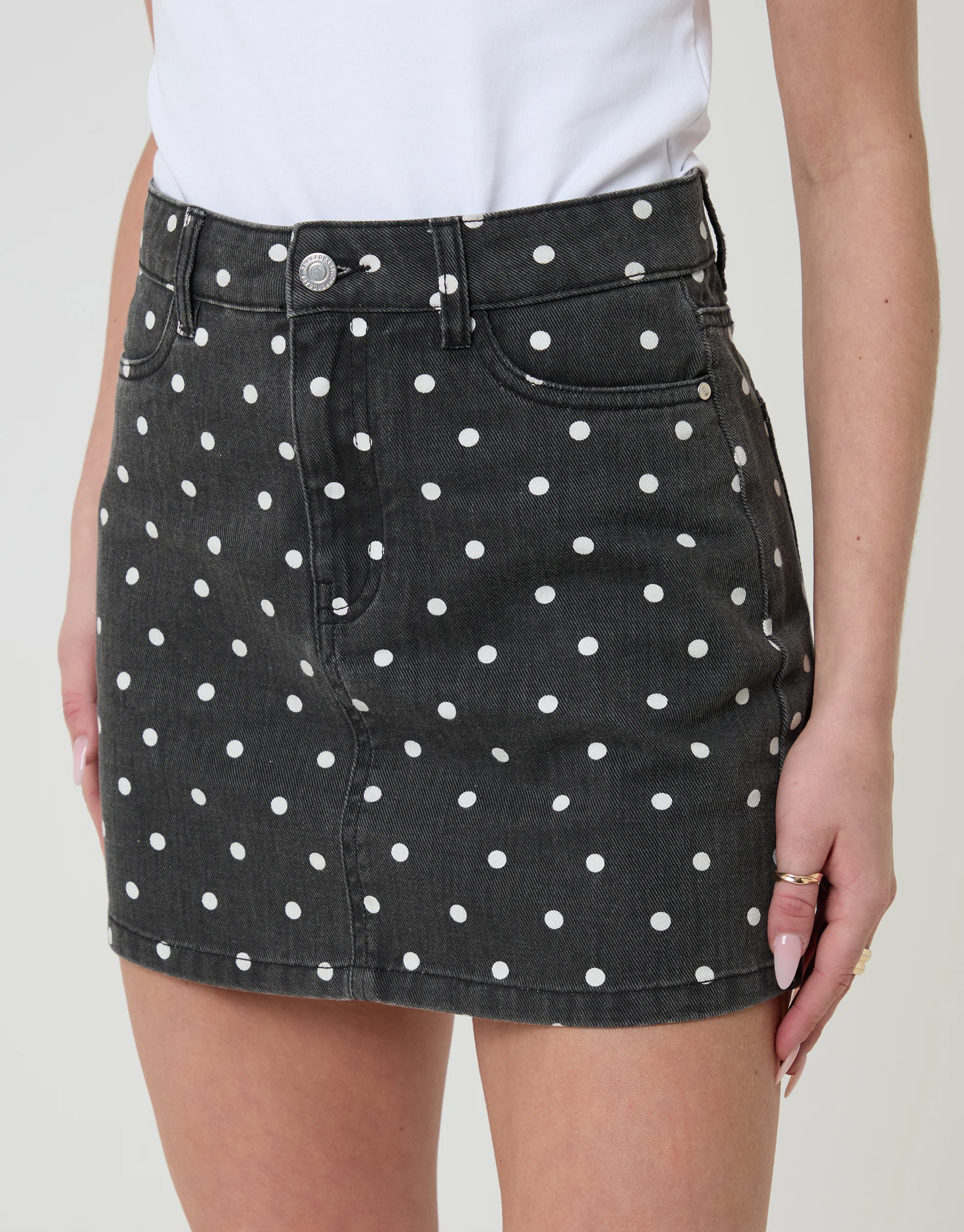 Co-ord A-Line Denim Mini Skirt in Mono Polka Dot - Image 5