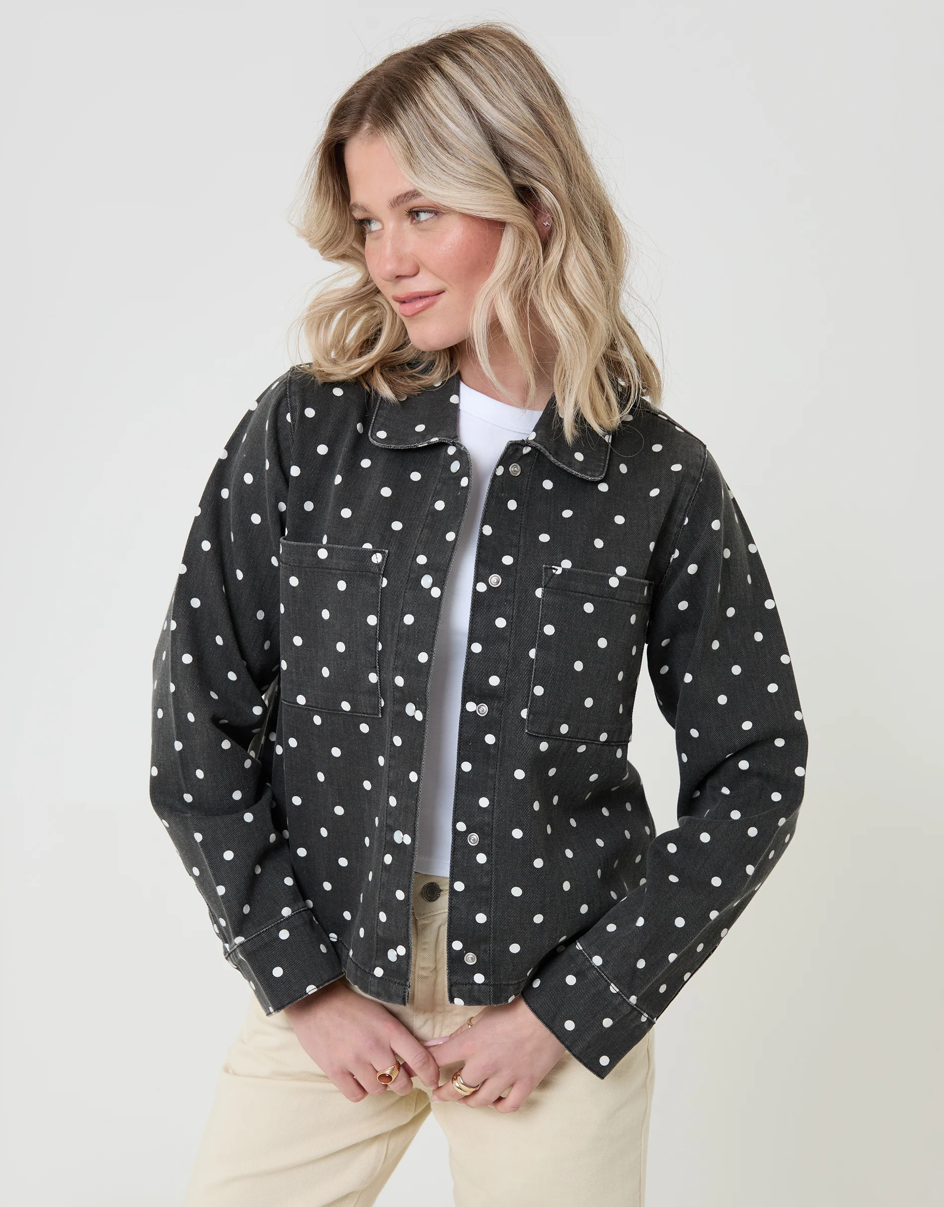 Co-ord Denim Shacket in Mono Polka Dot