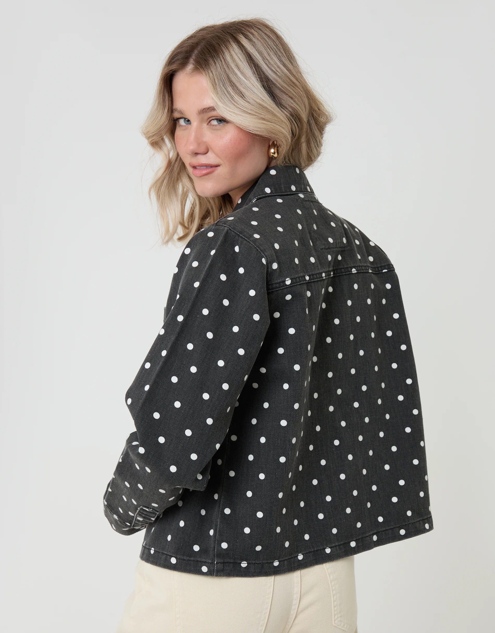 Co-ord Denim Shacket in Mono Polka Dot - Image 2