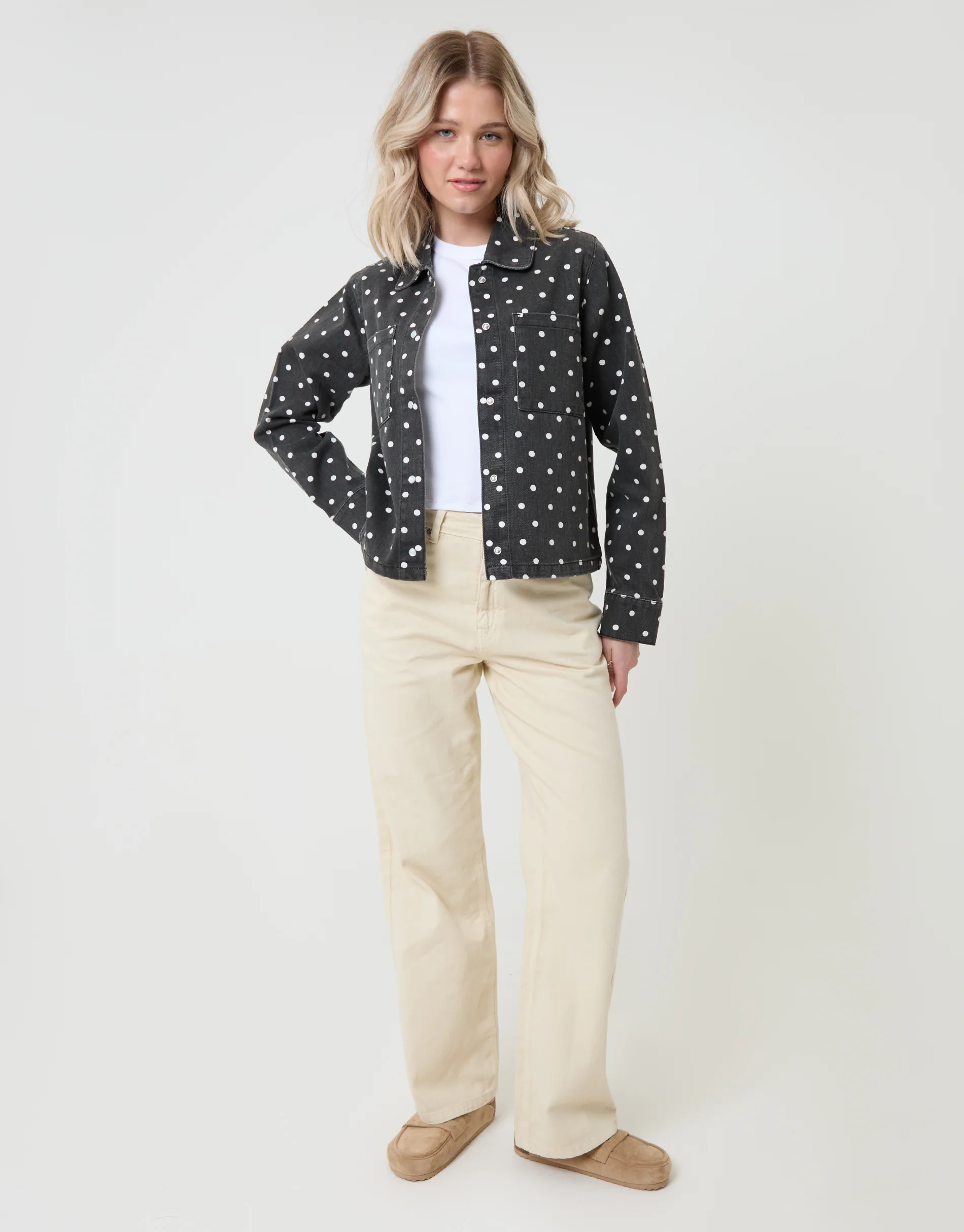 Co-ord Denim Shacket in Mono Polka Dot - Image 3