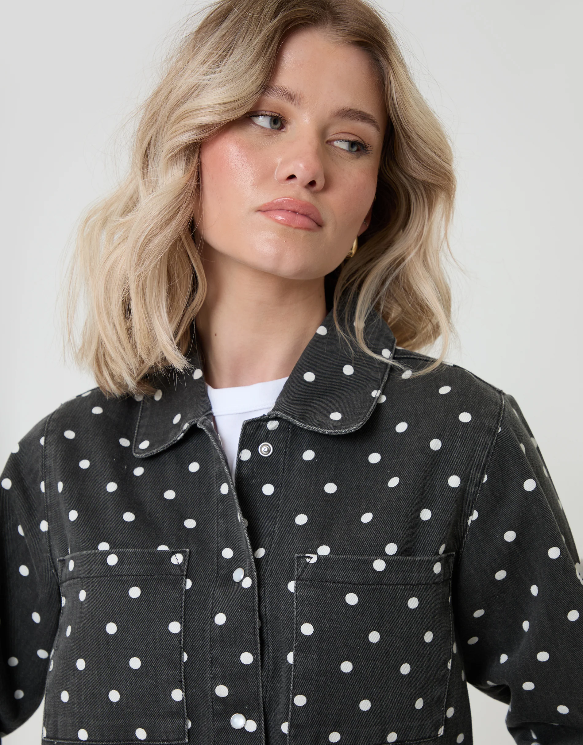 Co-ord Denim Shacket in Mono Polka Dot - Image 4