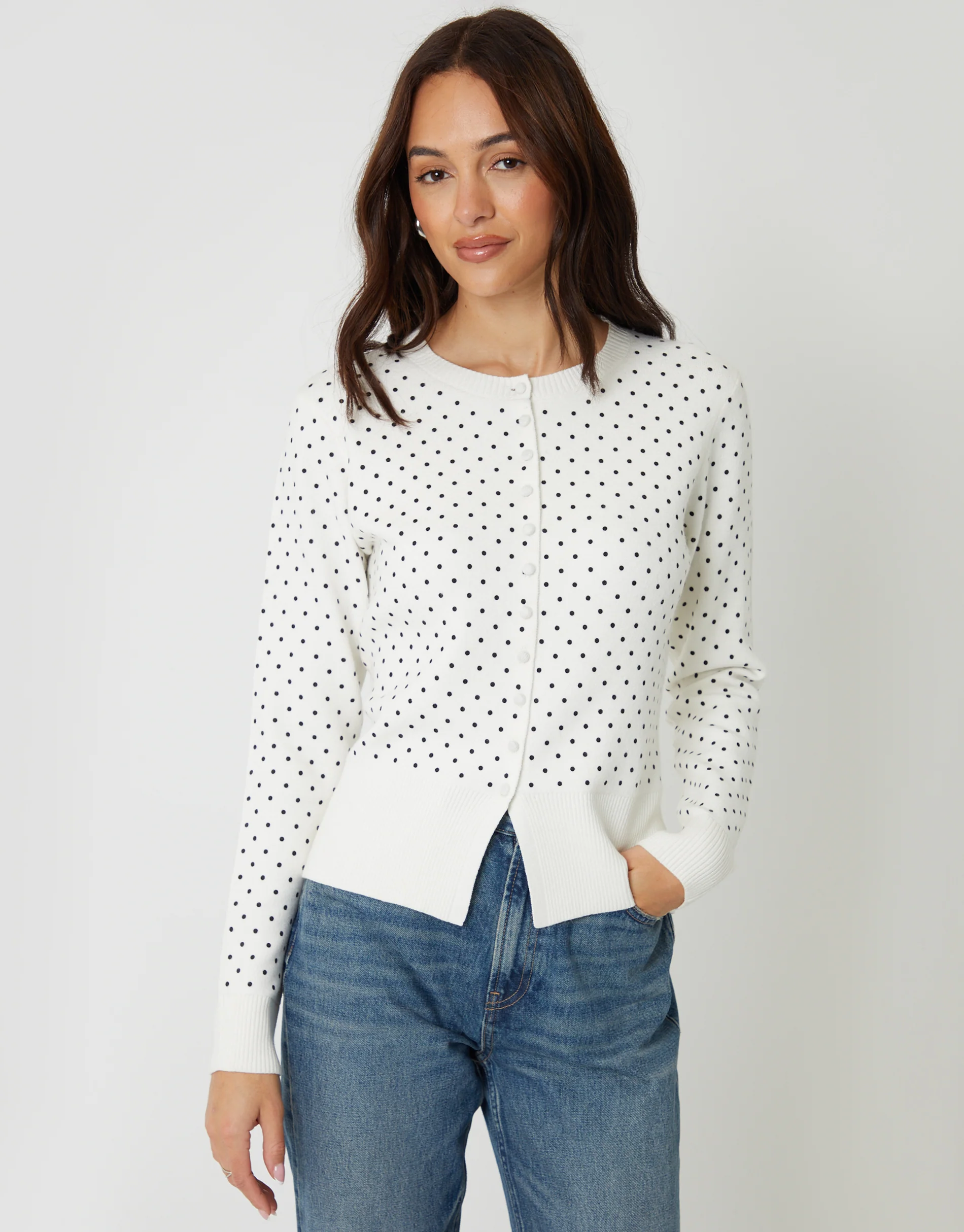White Compact Knitted Cardigan in Mono Polka Dot - Image 5