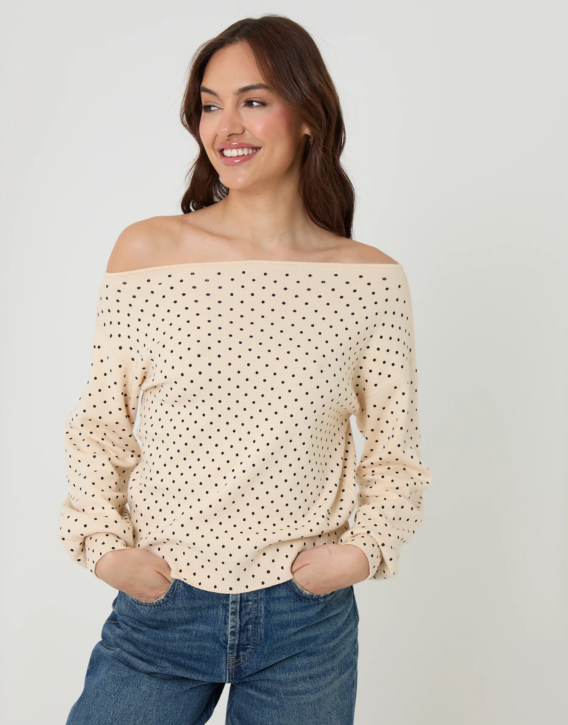 Soft Slash Neck Jumper in Mono Polka Dot - Image 2