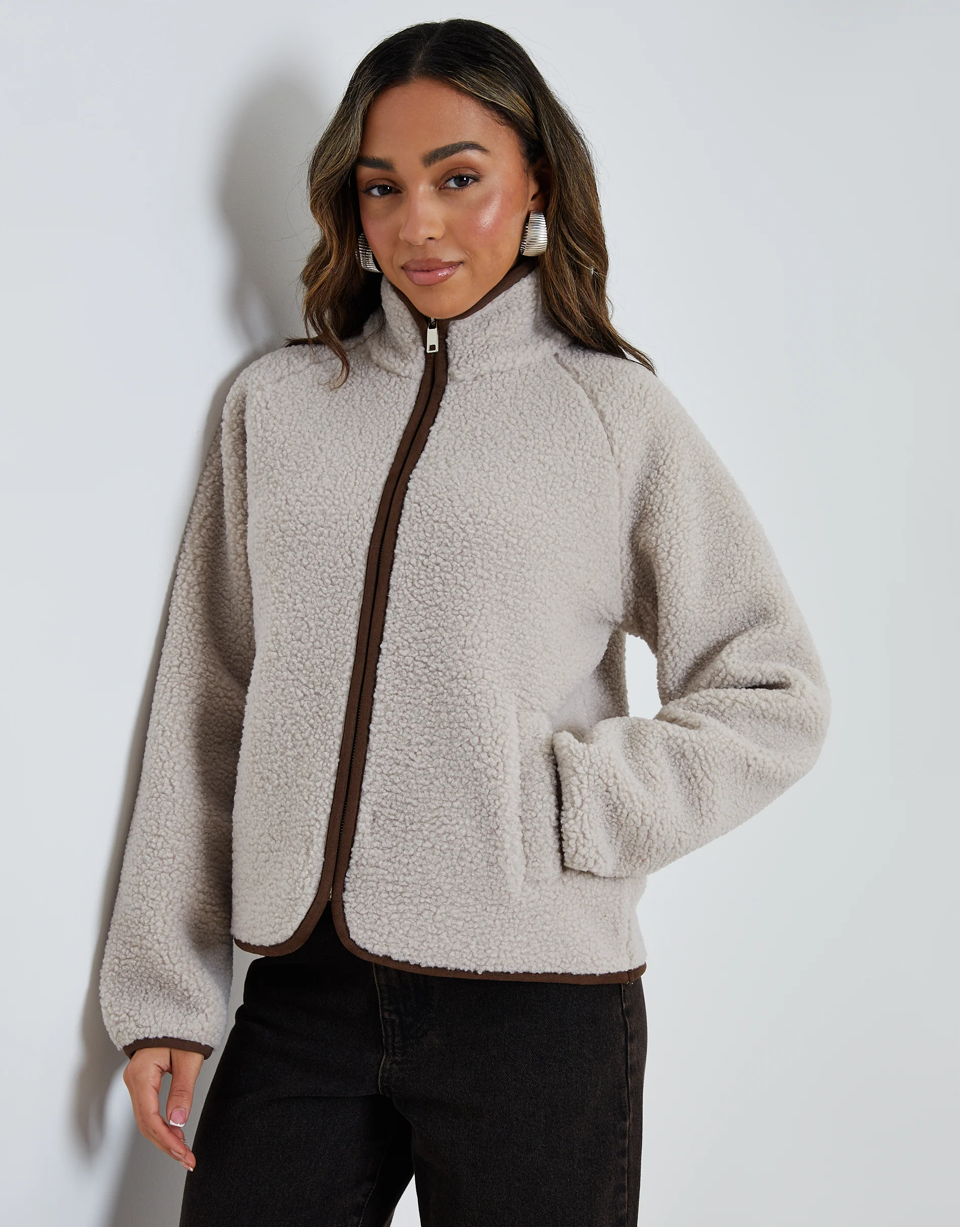 Zip Through Collared Borg Fleece in Mushroom Brown