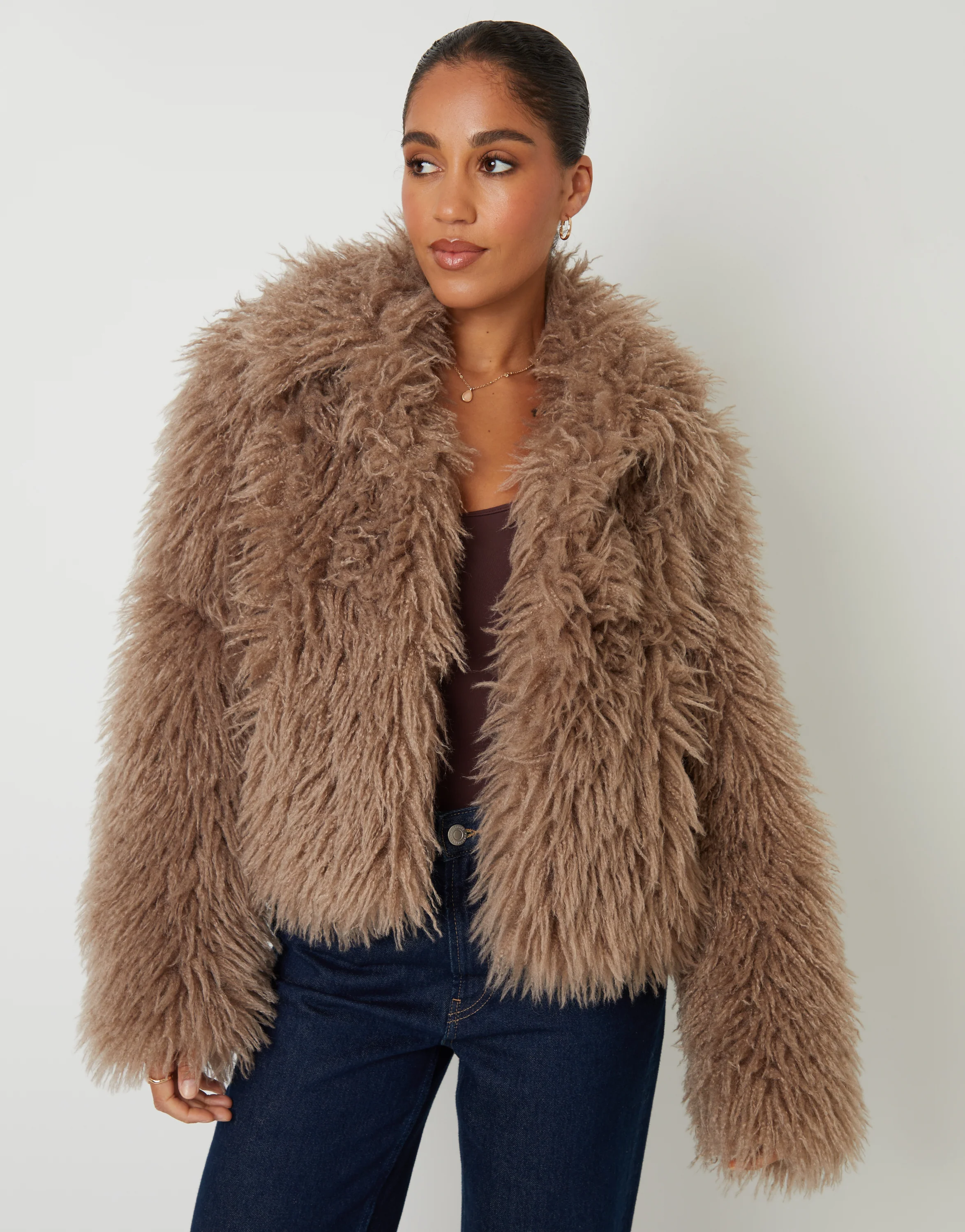 Collared Faux Fur Coat in Mushroom - Image 2