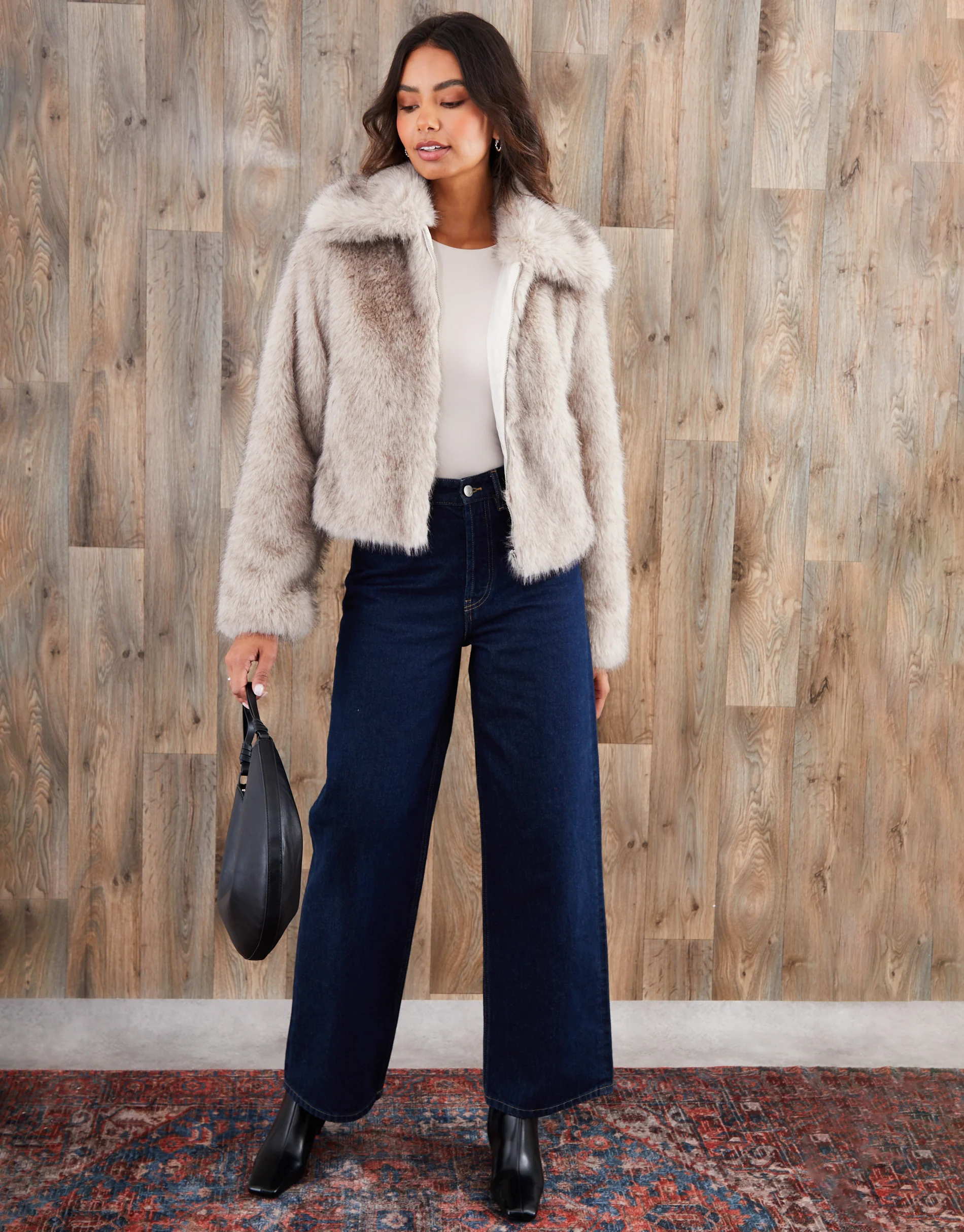 Faux Fur Zip Through Coat in Mushroom - Image 3