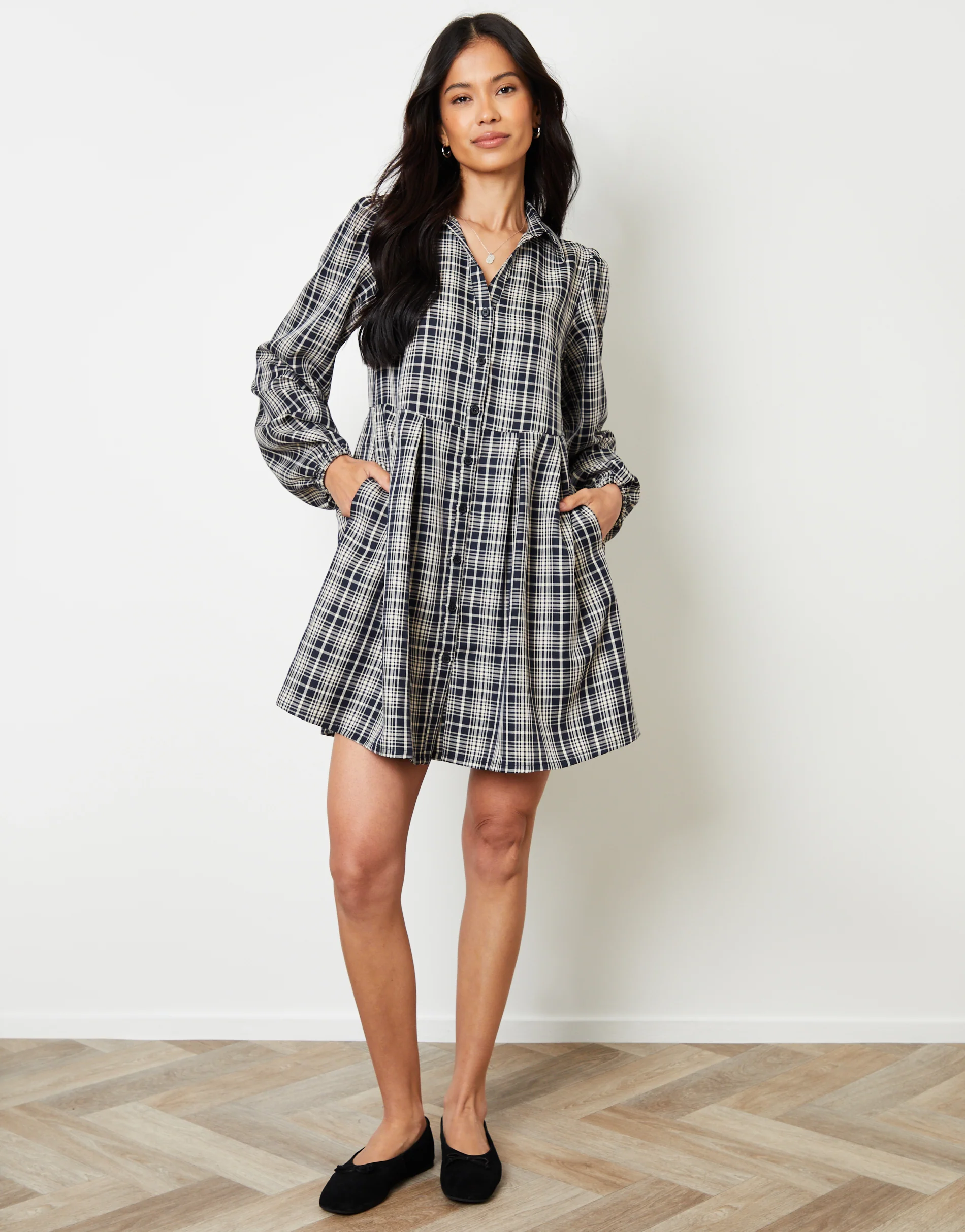 Mini Shirt Dress in Navy Check - Image 3