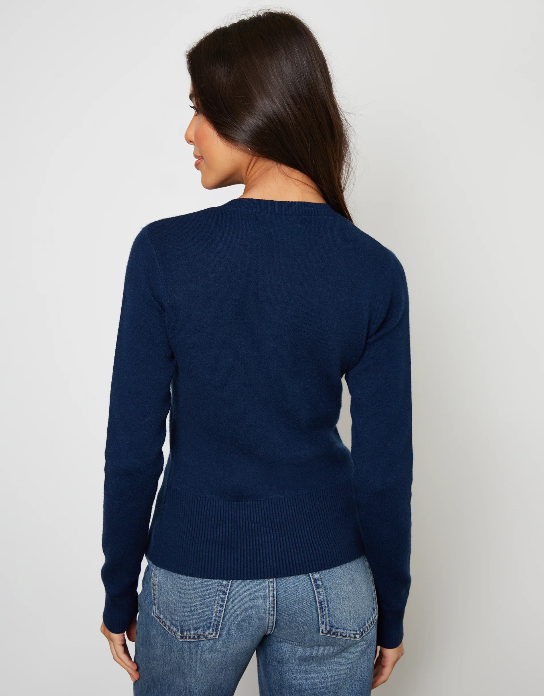 Crew Neck Compact Knitted Cardigan in Navy - Image 4