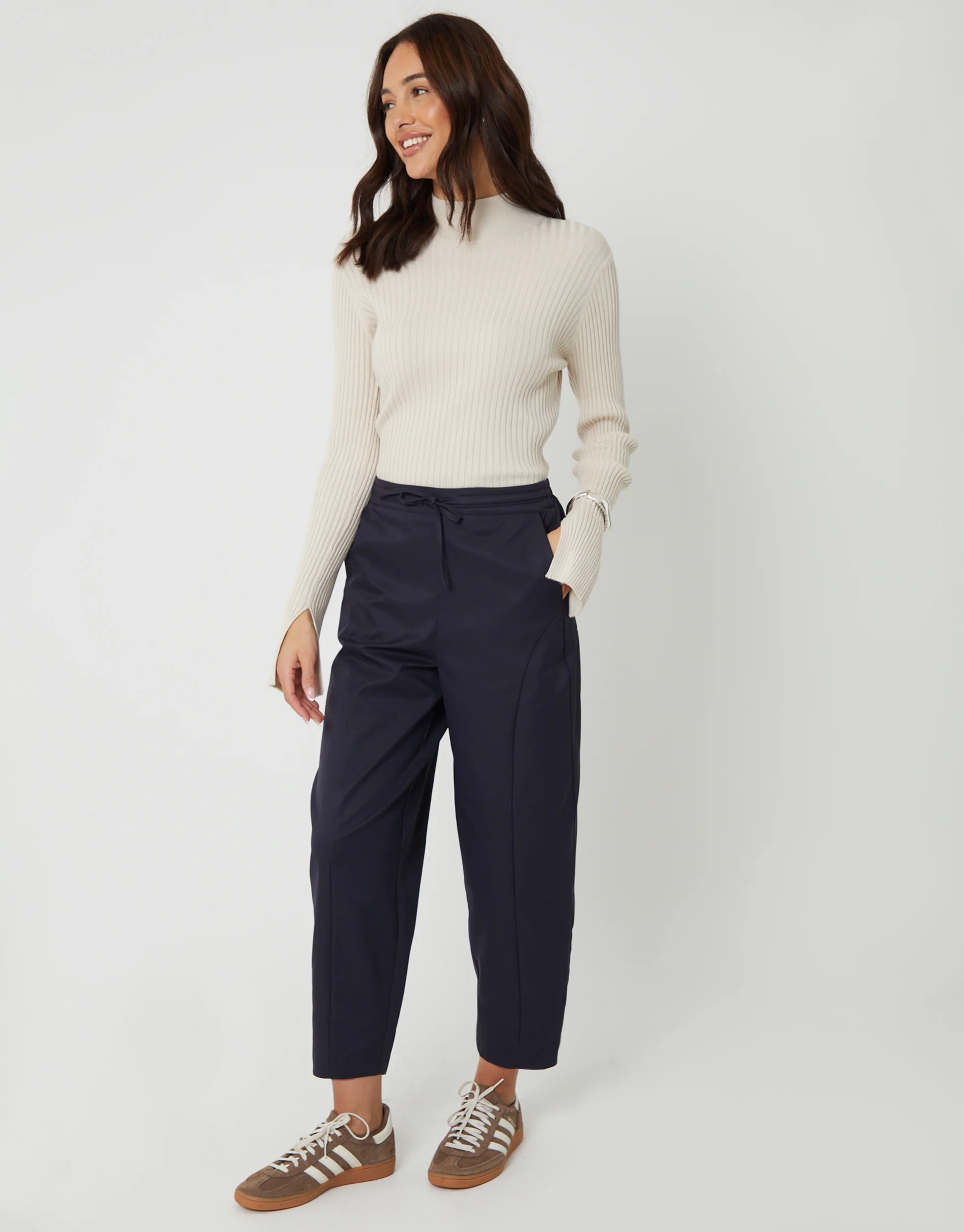 Curved Seam Barrel Leg Trousers in Navy - Image 2