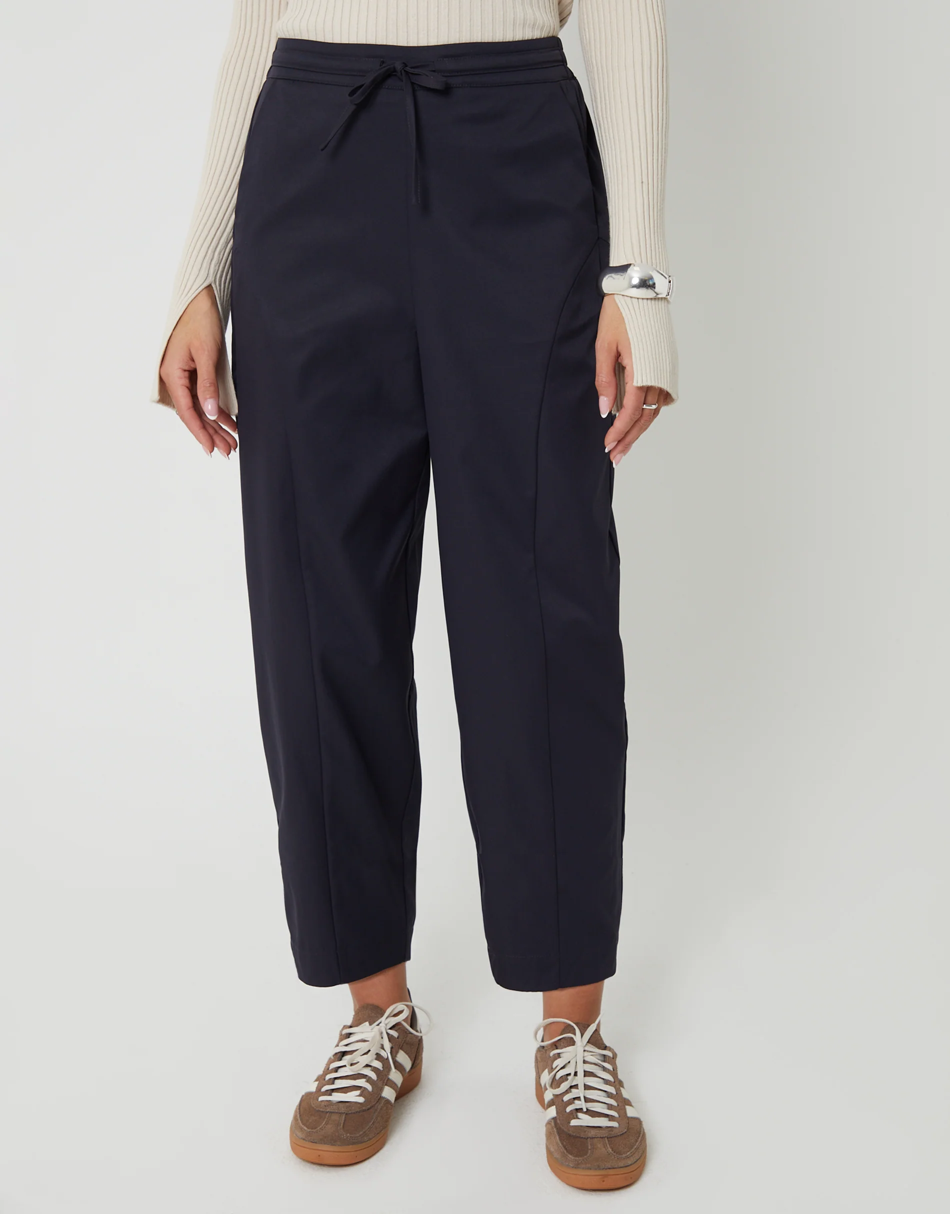 Curved Seam Barrel Leg Trousers in Navy - Image 3