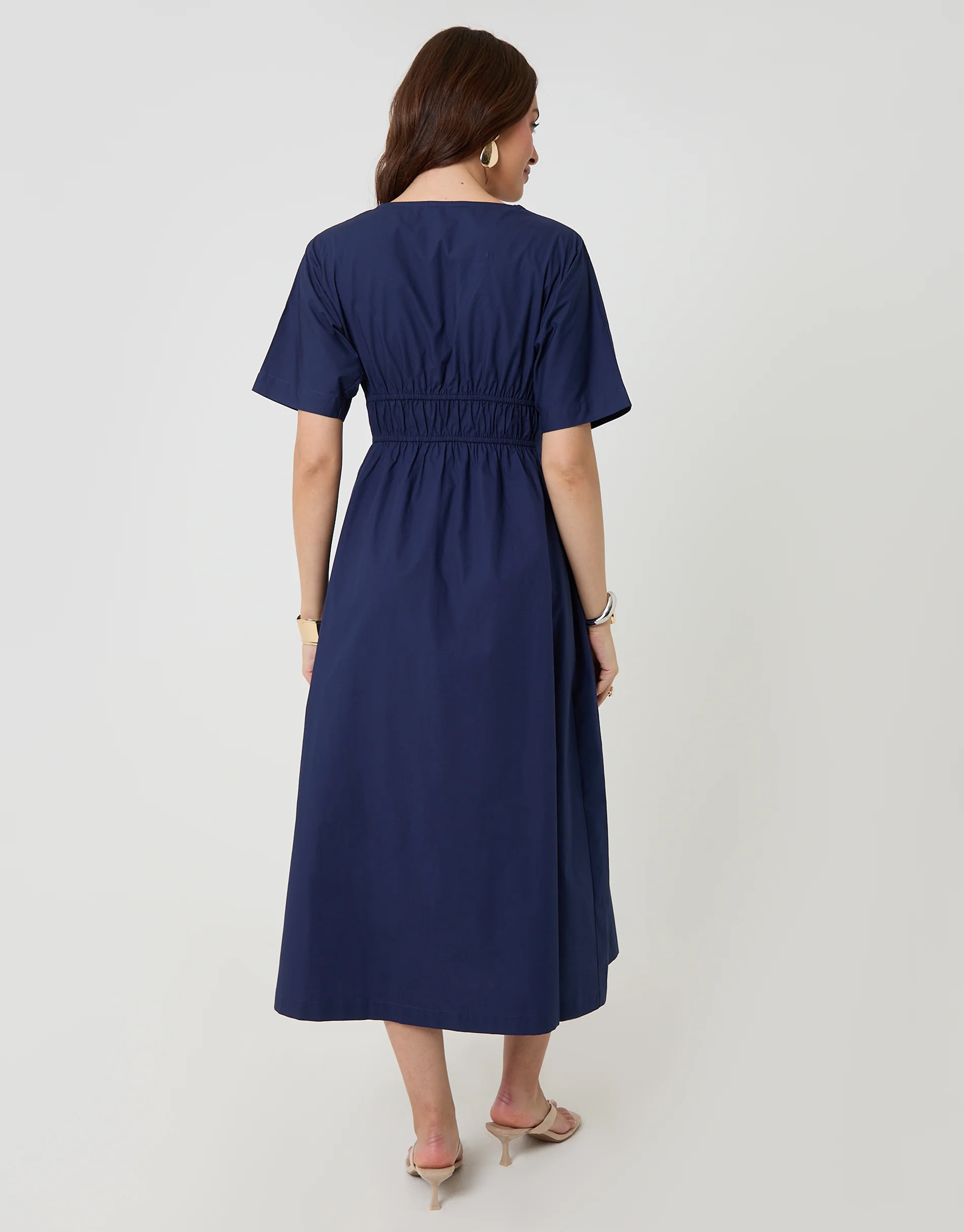 Elasticated Waist Cotton Poplin Midi Dress in Navy - Image 3