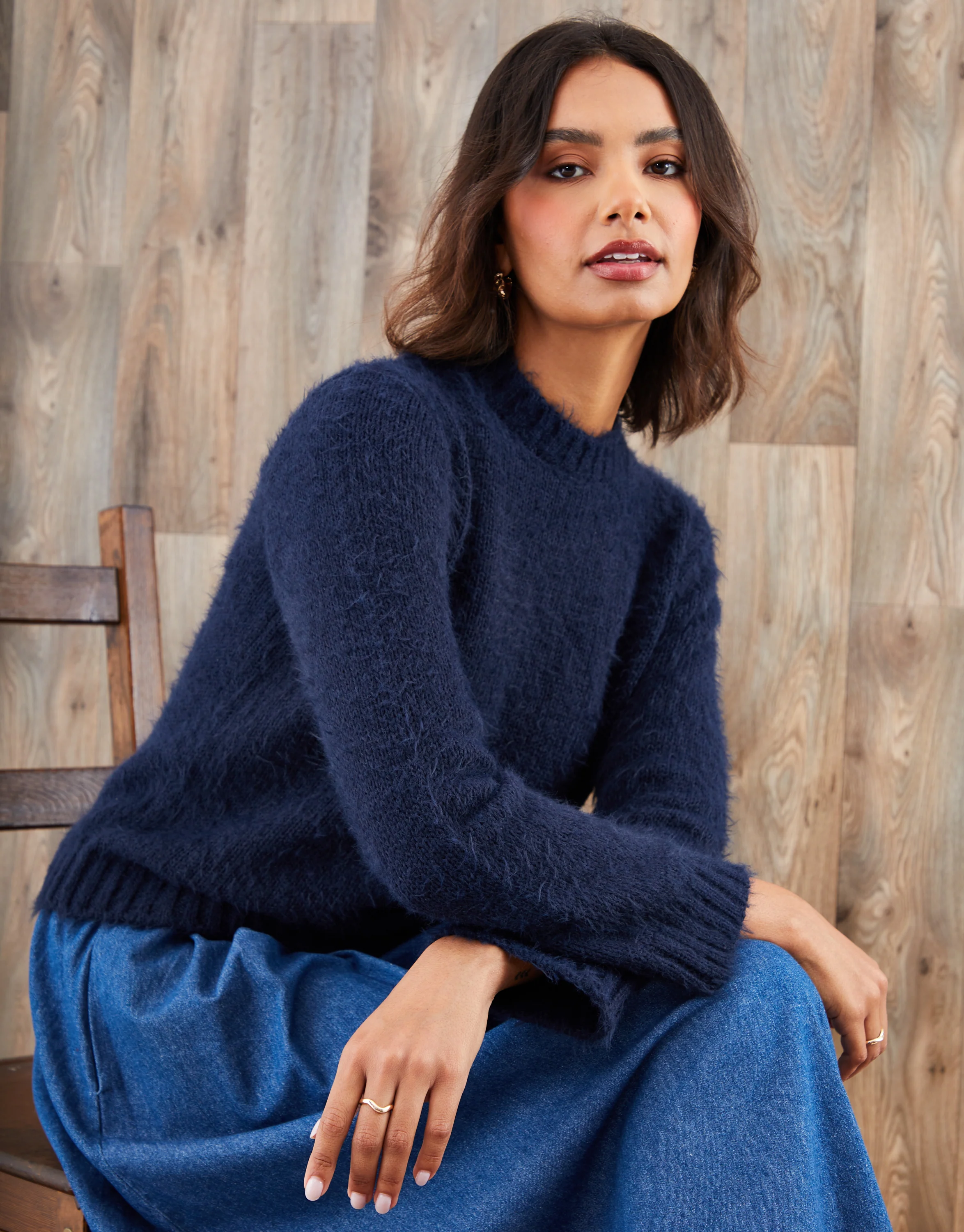 Eyelash Knit Crew Neck Jumper in Navy
