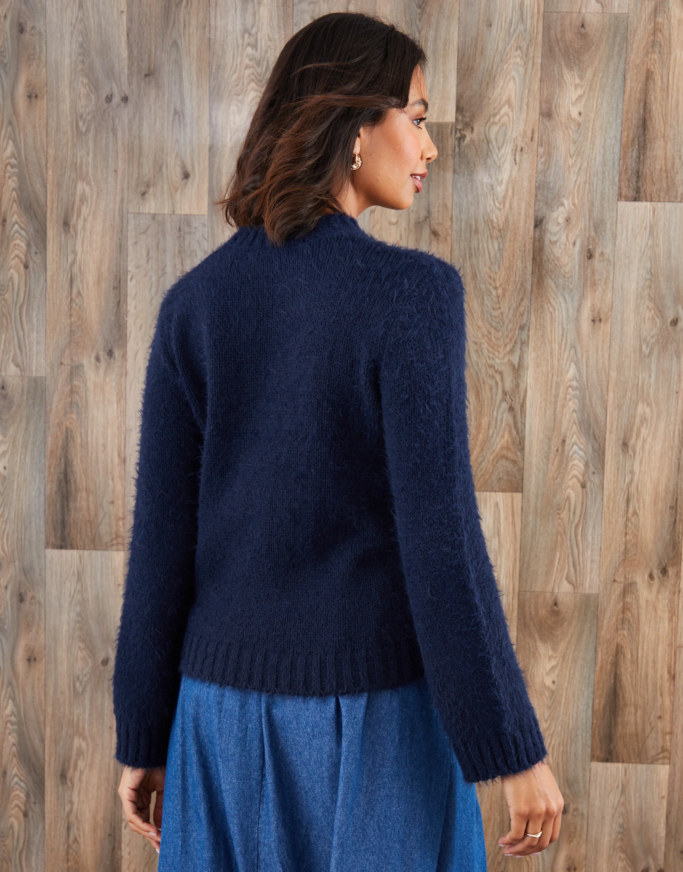 Eyelash Knit Crew Neck Jumper in Navy - Image 2