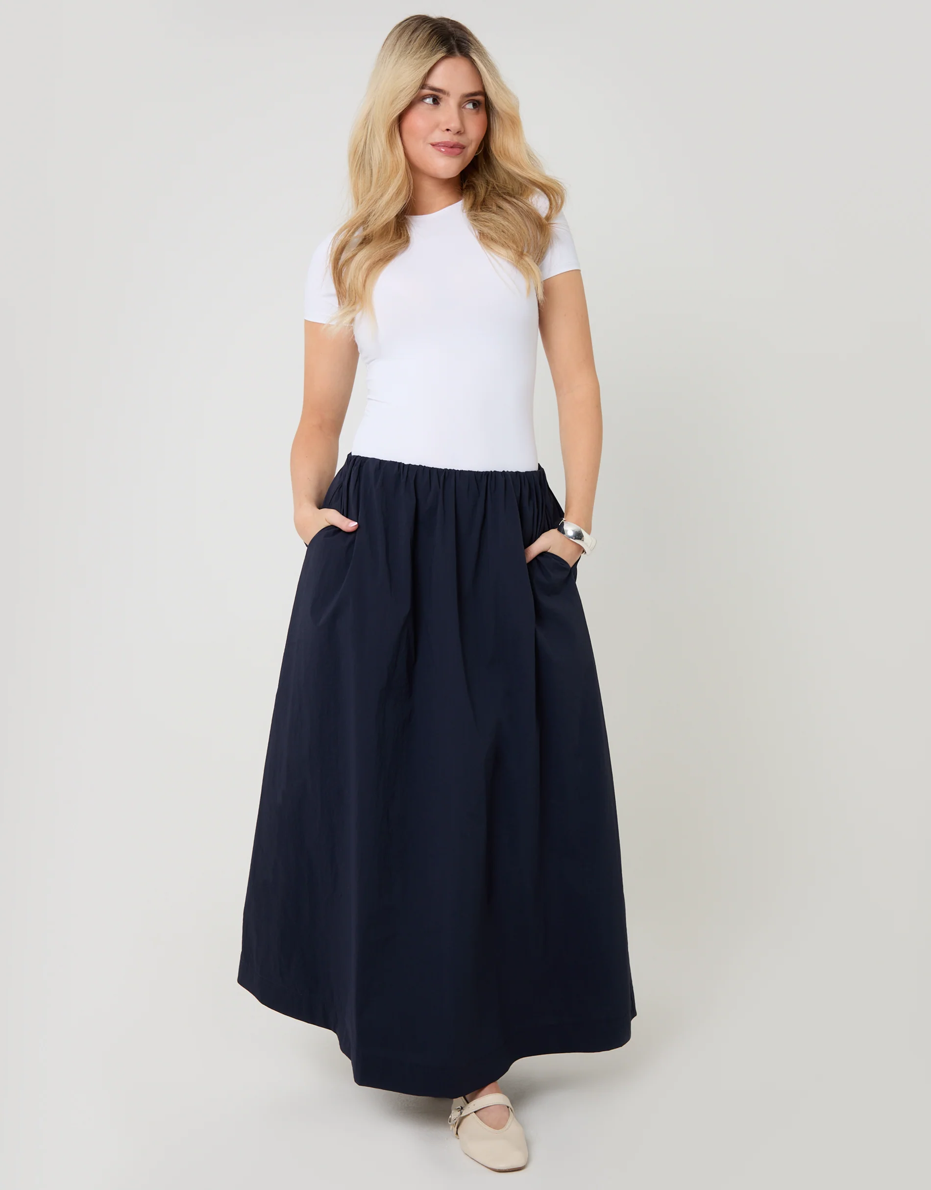 Gathered Waist Maxi Skirt in Navy