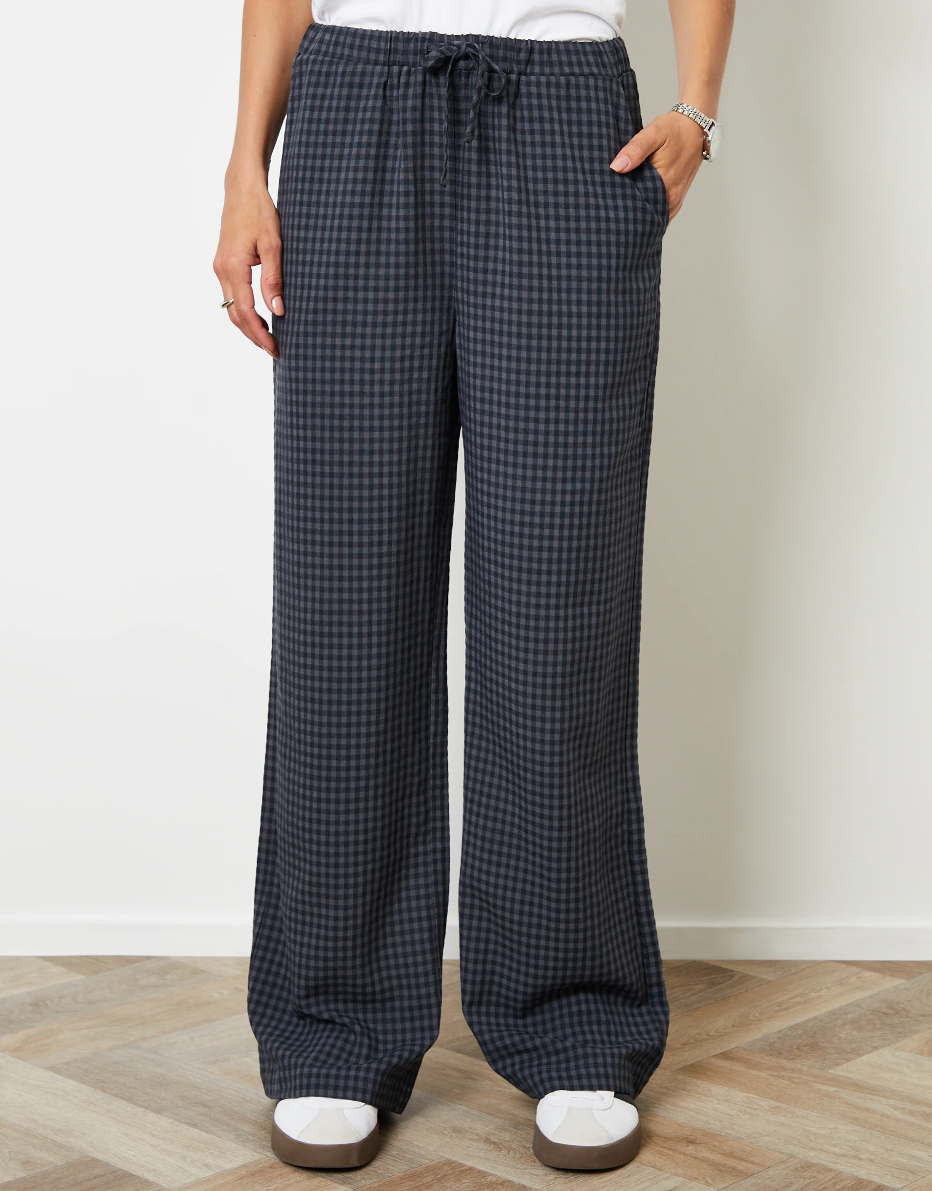 Wide Leg Trousers in Navy Gingham - Image 2