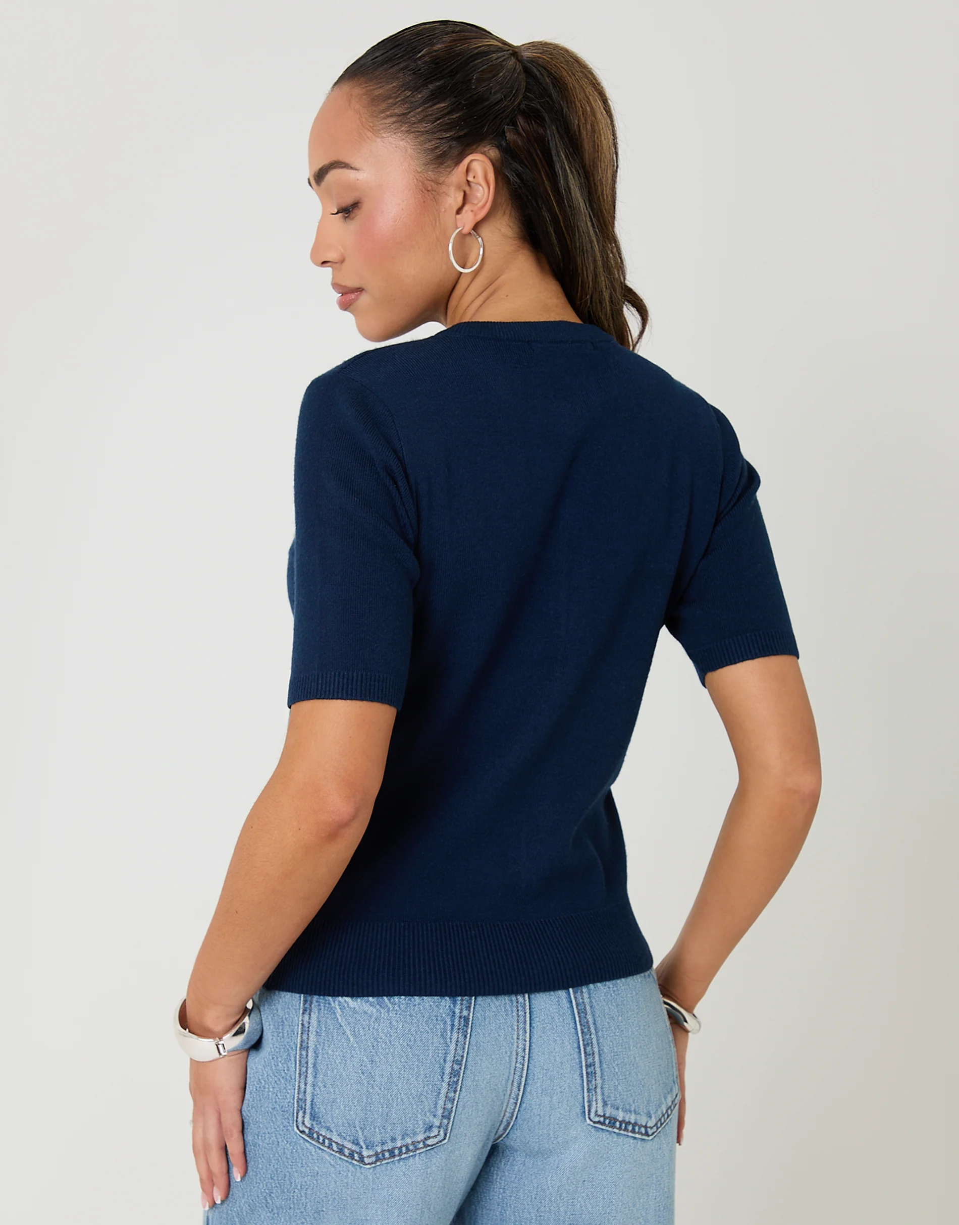 Jacquard Knit Short Sleeve Cardigan in Navy - Image 2