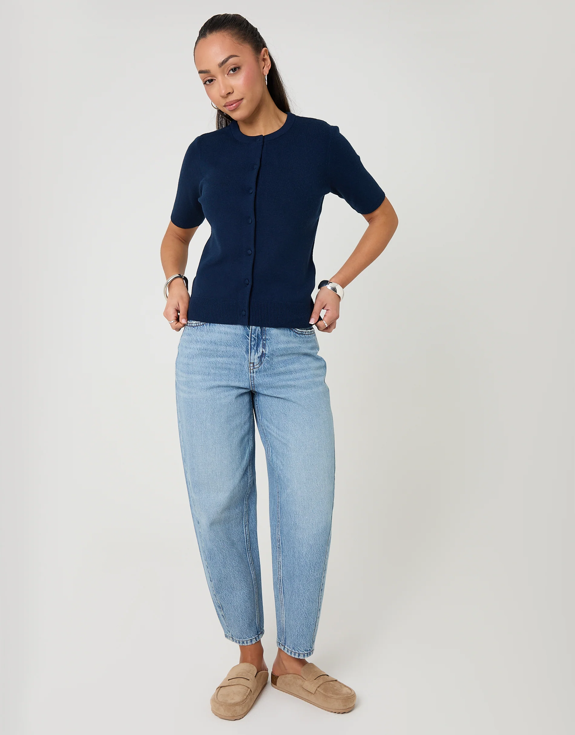 Jacquard Knit Short Sleeve Cardigan in Navy - Image 3