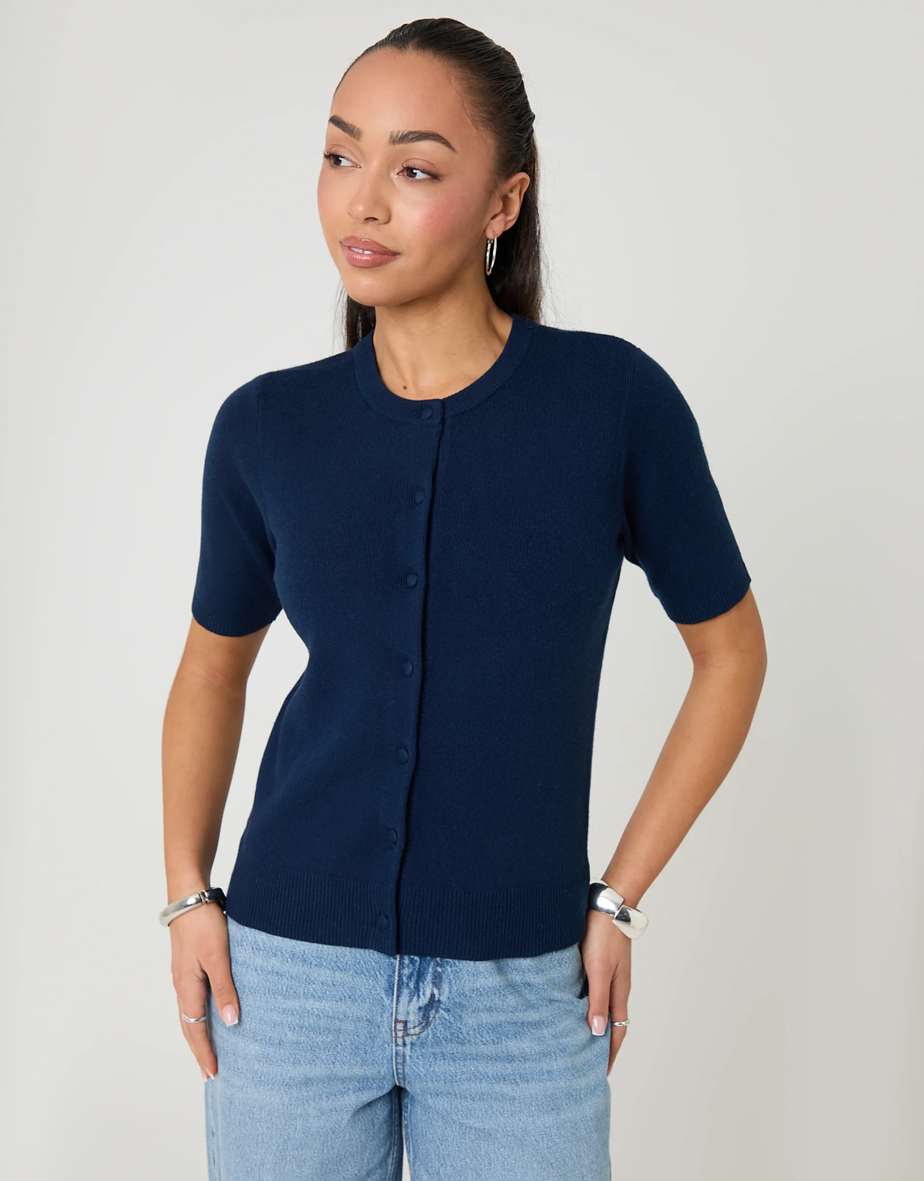 Jacquard Knit Short Sleeve Cardigan in Navy - Image 5