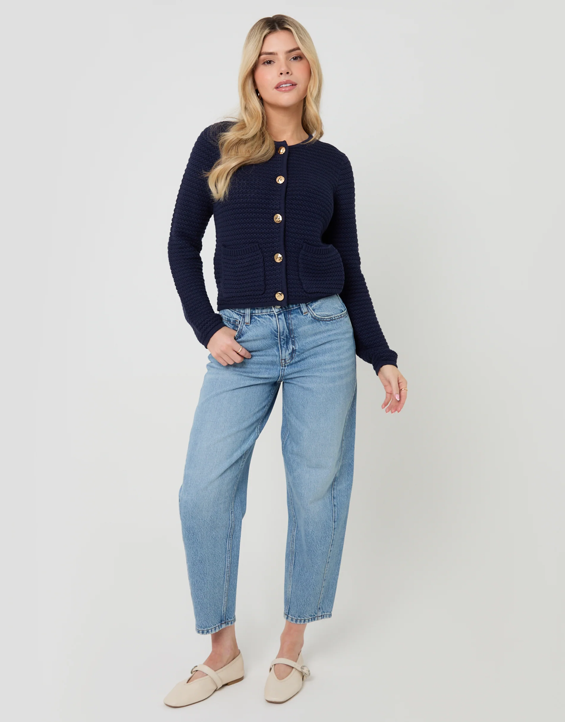 Patch Pocket Crew Neck Cardigan in Navy - Image 2