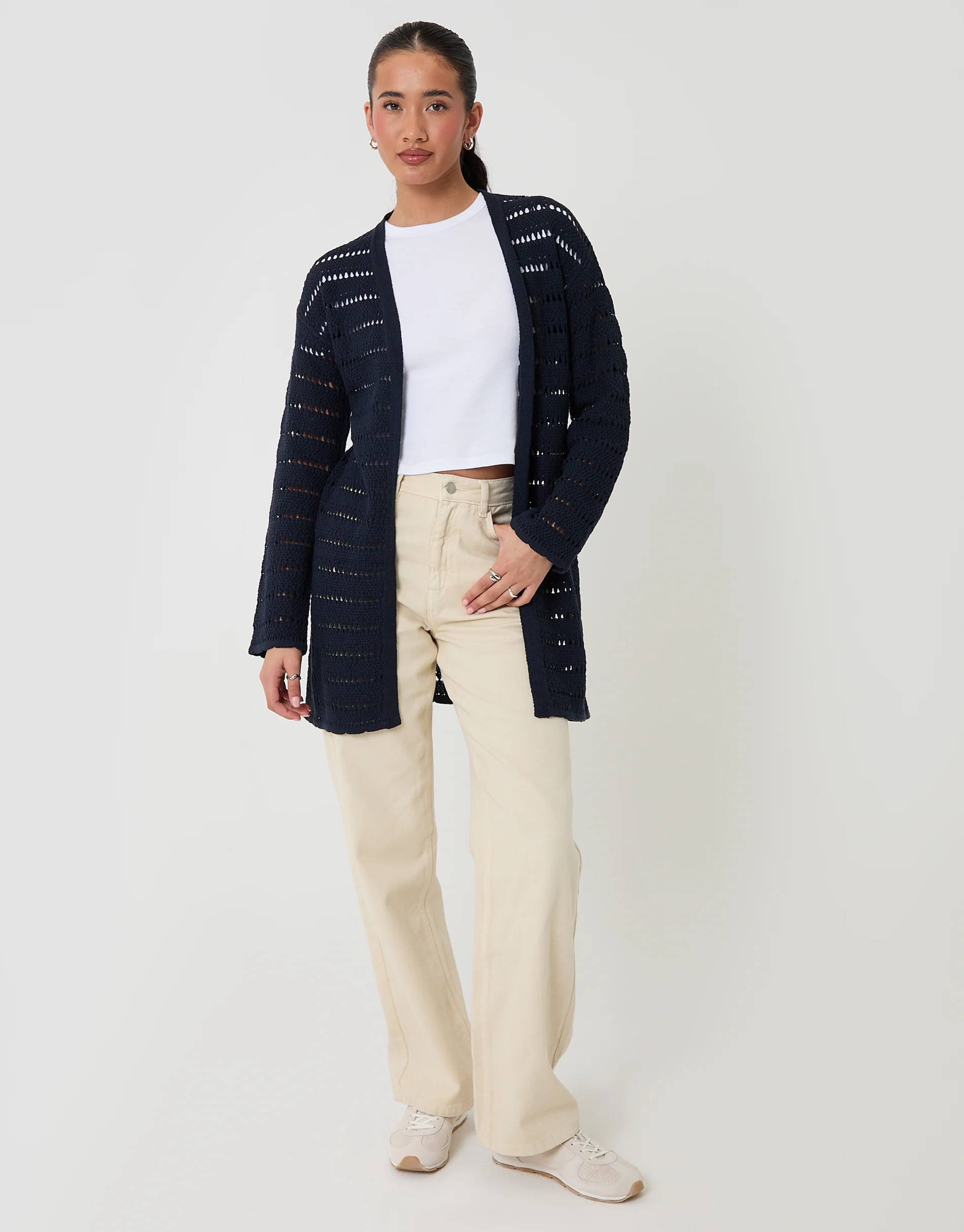 Pointelle Knit Longline Cardigan in Navy - Image 3