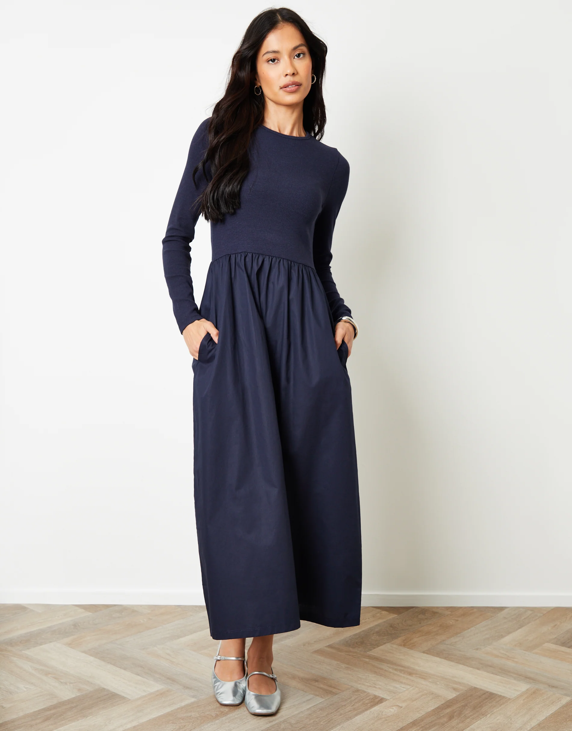 Rib Jersey 2-in-1 Midi Dress with Poplin Skirt in Navy - Image 3