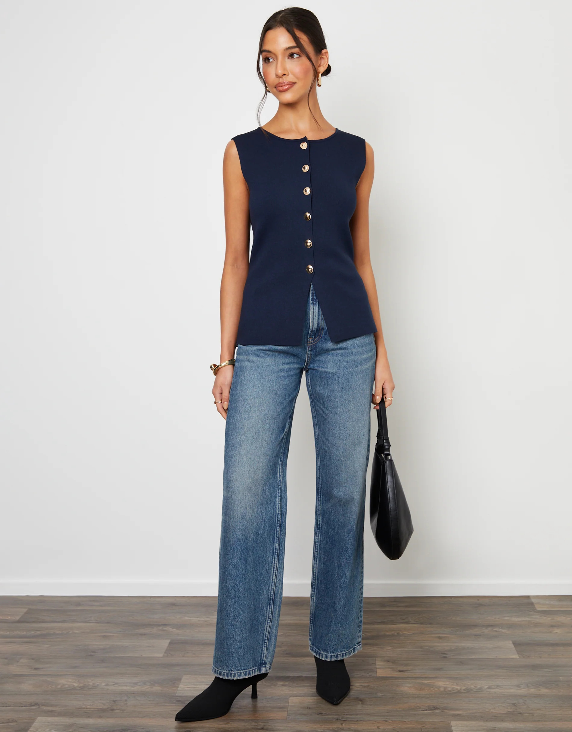 Ribbed Knitted Waistcoat in Navy - Image 3