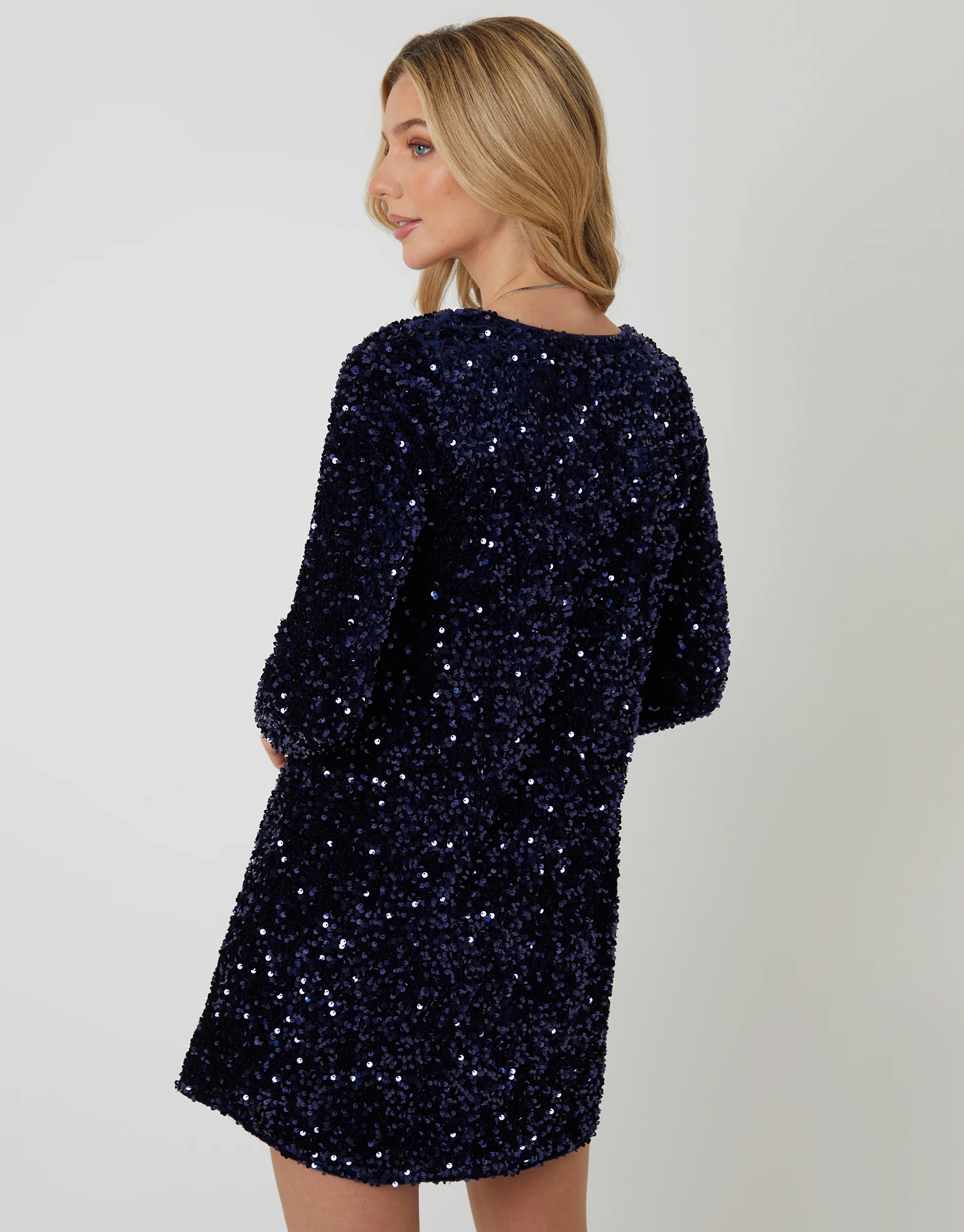 Sequin Velour V Neck Mini Dress in Navy - Image 3