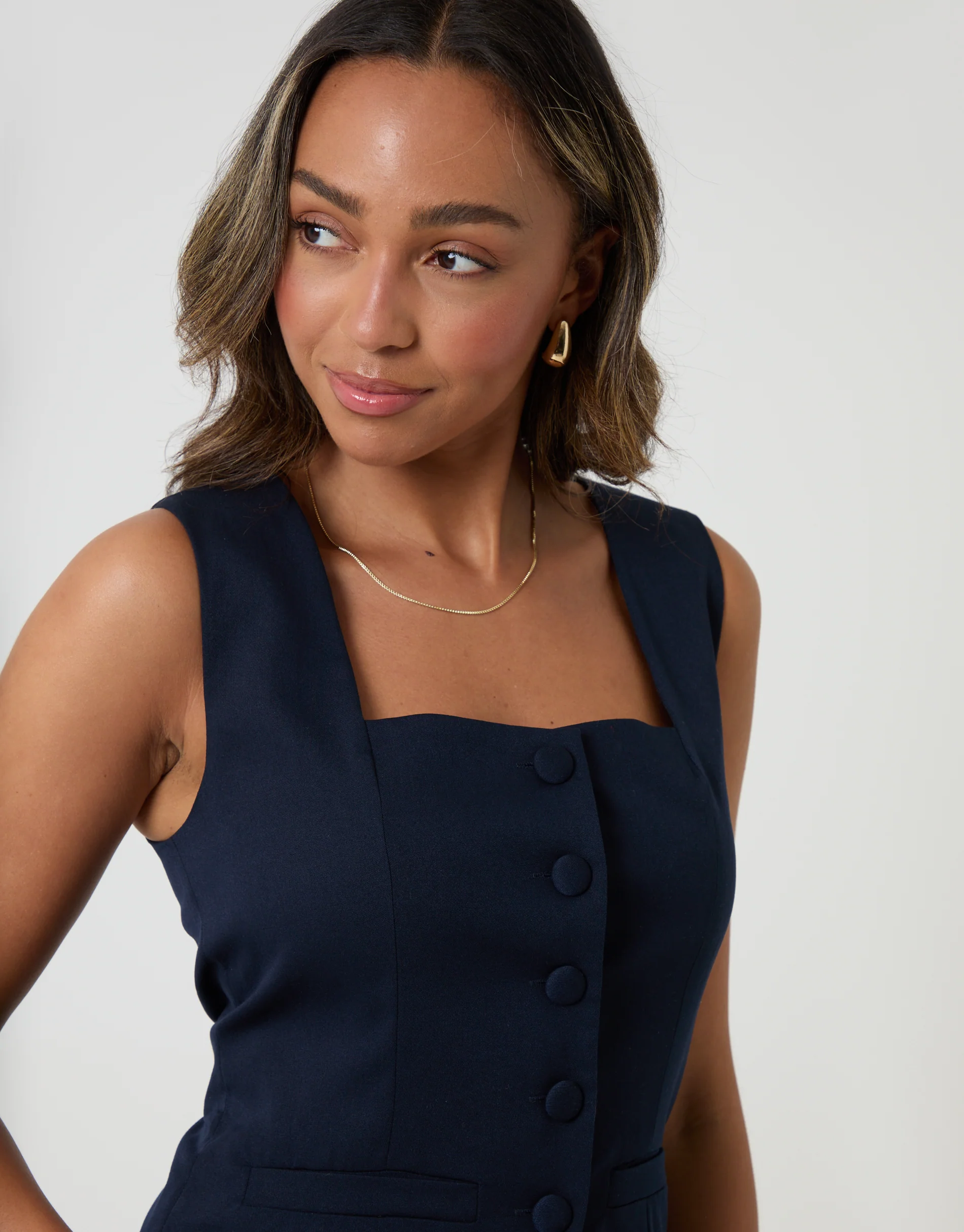Square Neck Tailored Waistcoat in Navy - Image 4