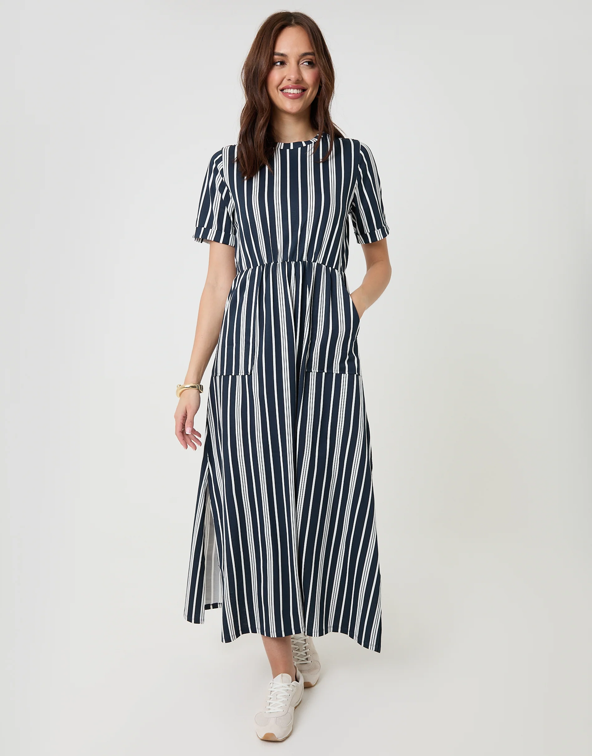 Crew Neck Jersey Midi Dress with Patch Pockets in Navy Stripe