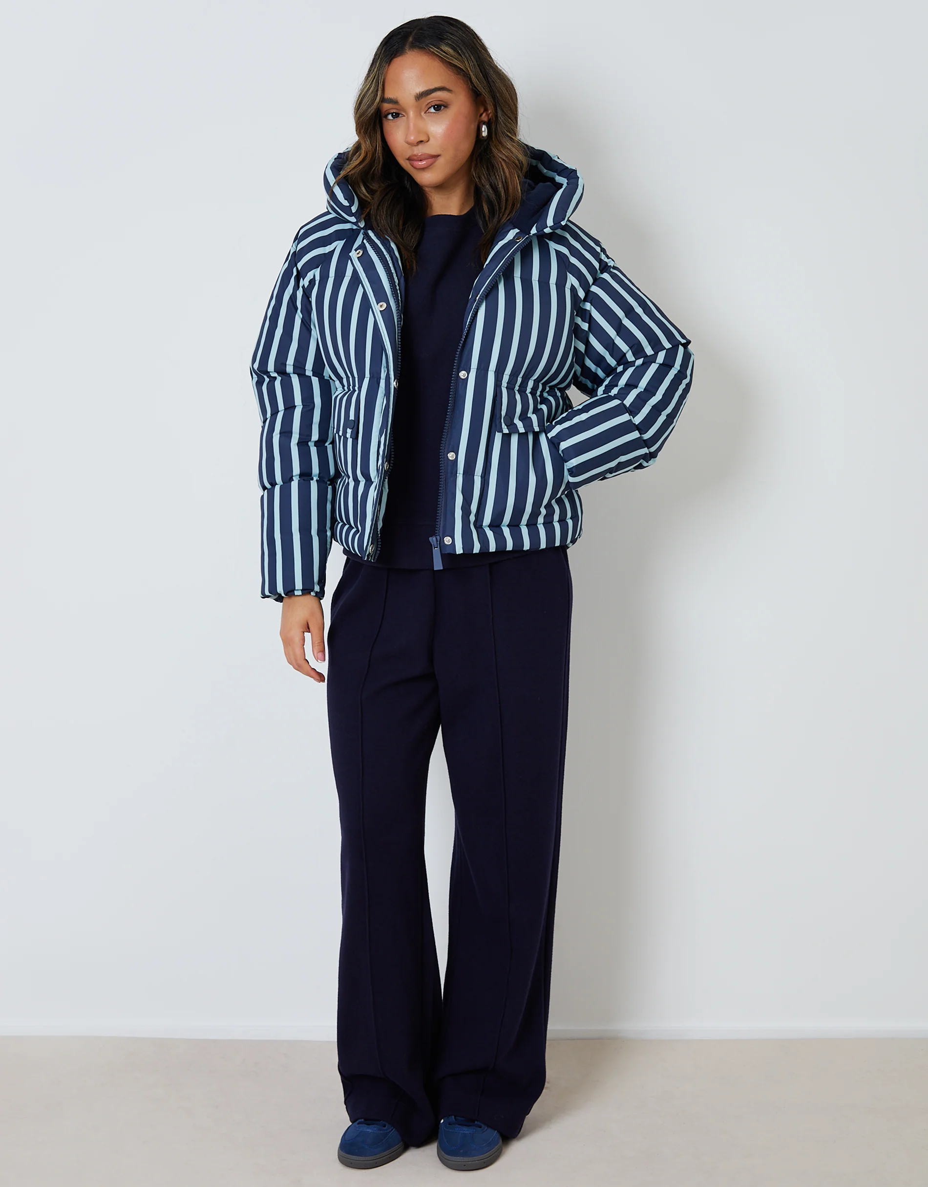 Hooded Padded Jacket in Navy Stripe - Image 2