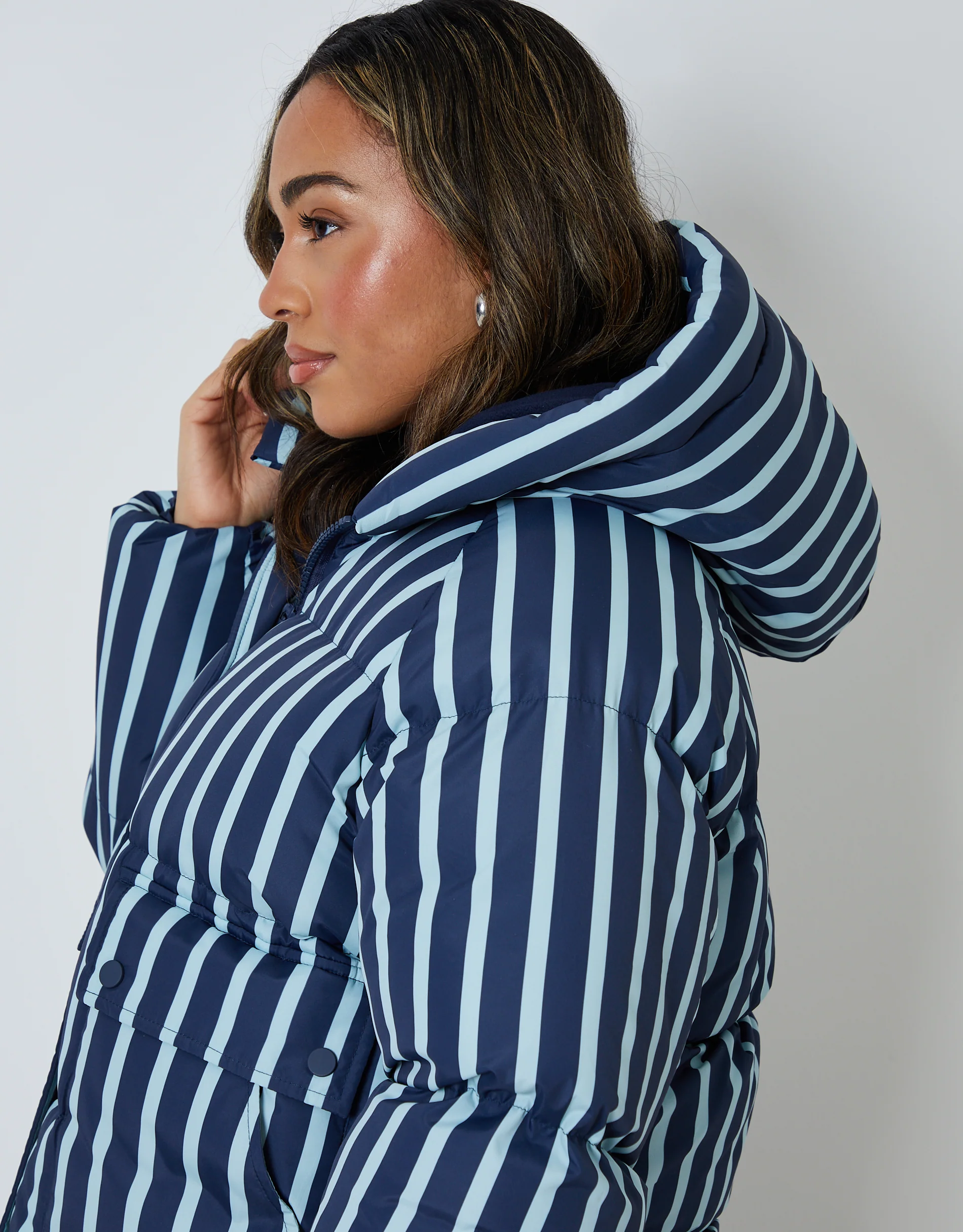 Hooded Padded Jacket in Navy Stripe - Image 3