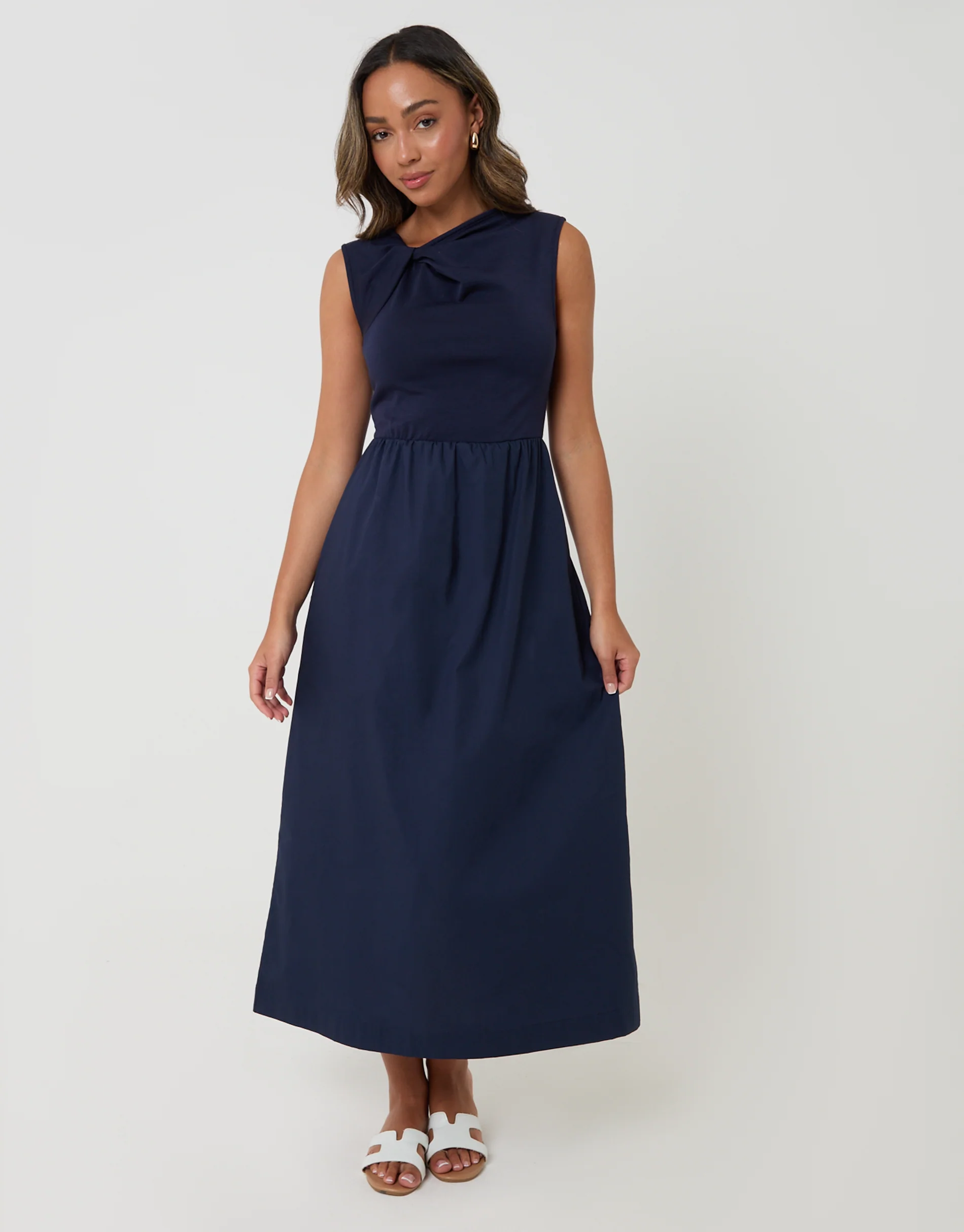 Twist Detail 2-in-1 Midi Dress with Poplin Skirt in Navy - Image 4
