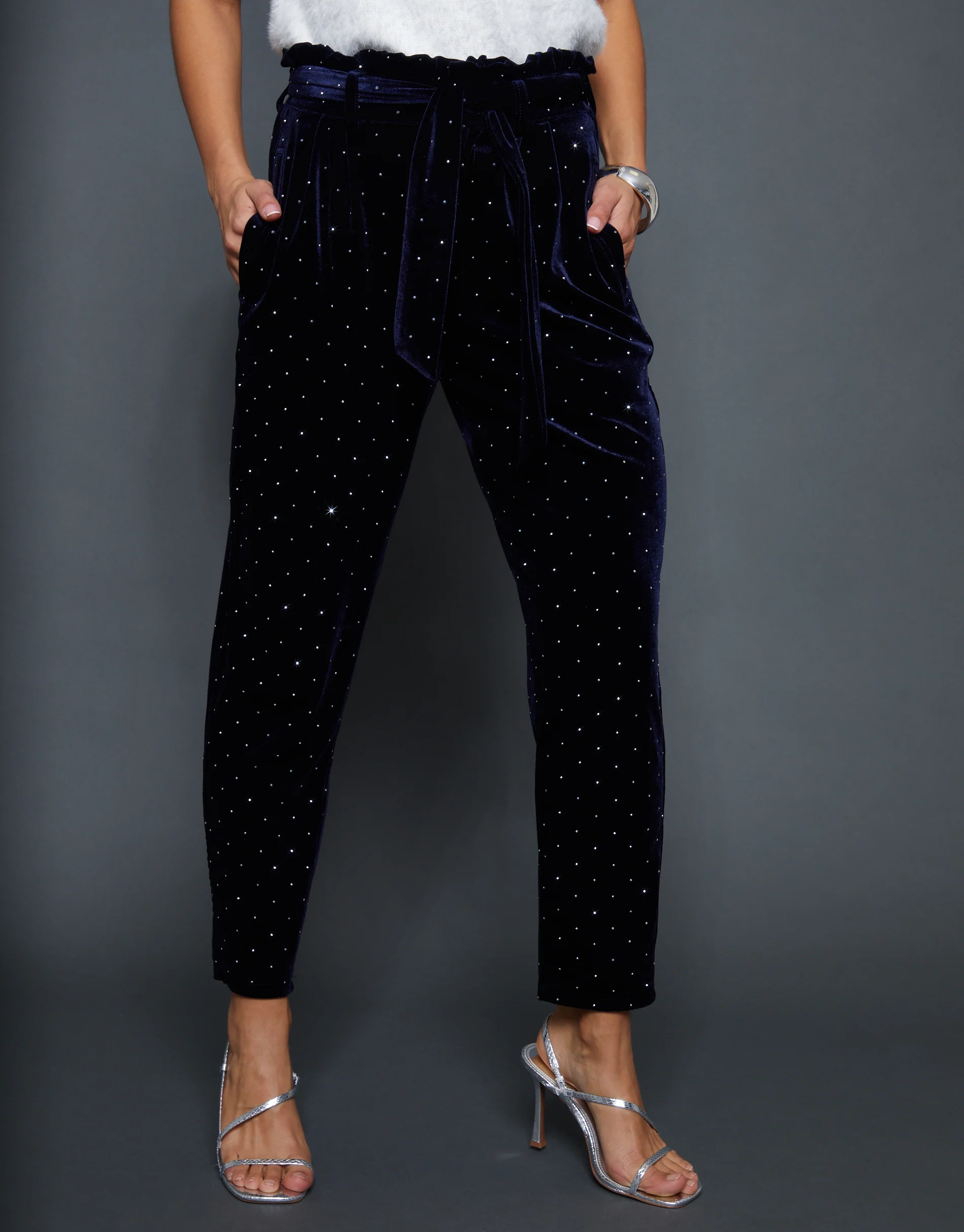 Velvet Hotfix Paperbag Waist Trousers in Navy - Image 3