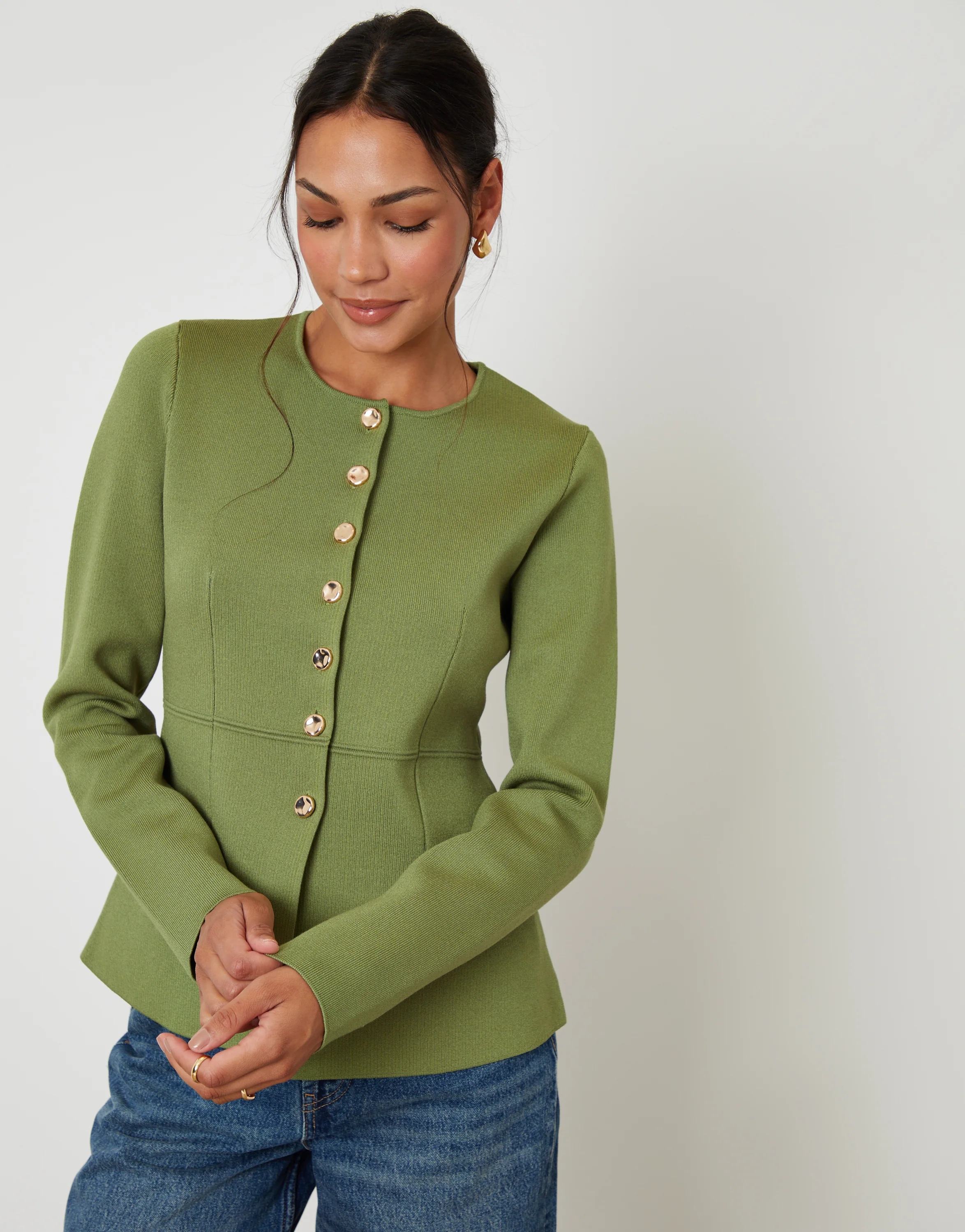 Cinched Knitted Button Up Cardigan in Olive Green