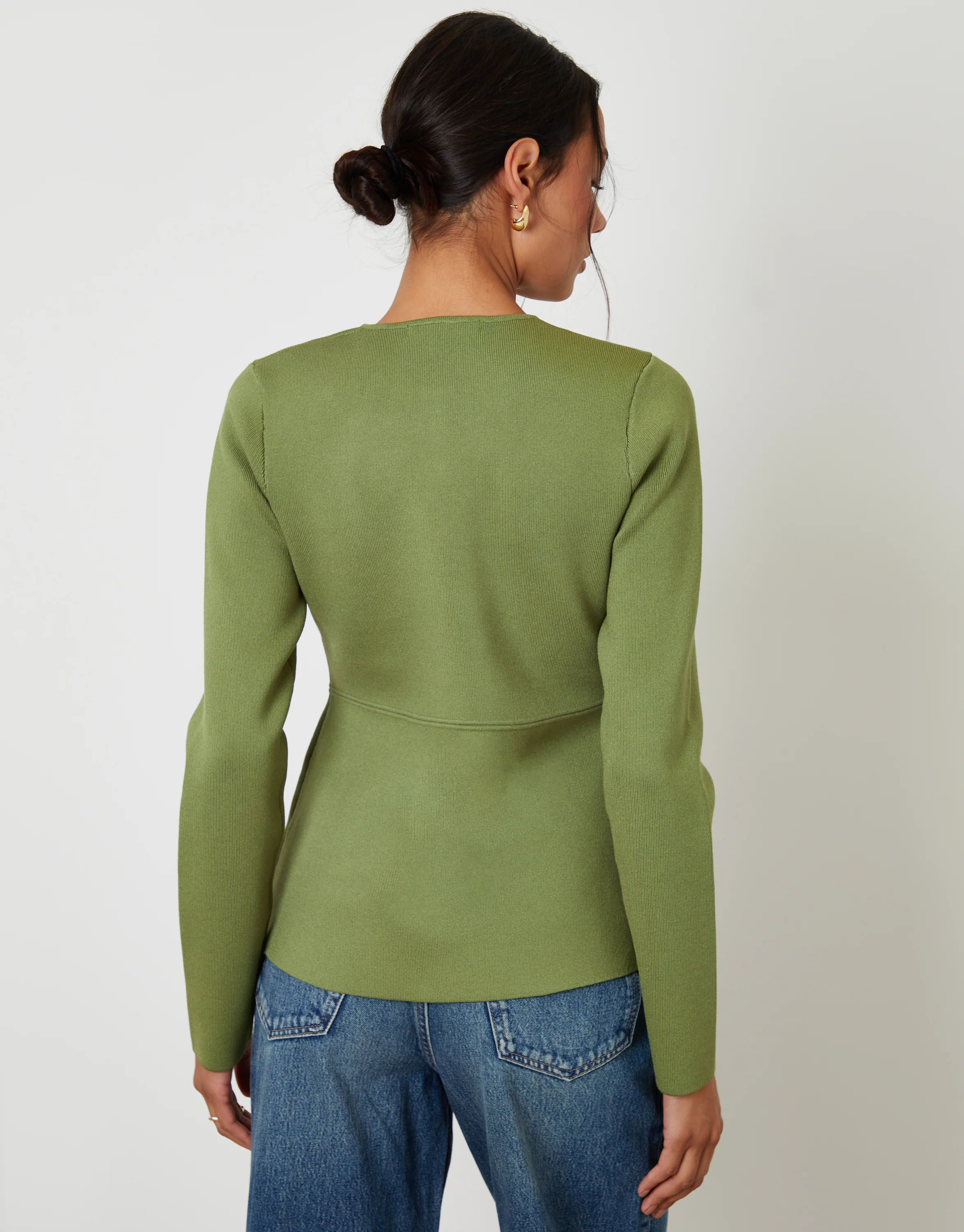 Cinched Knitted Button Up Cardigan in Olive Green - Image 2
