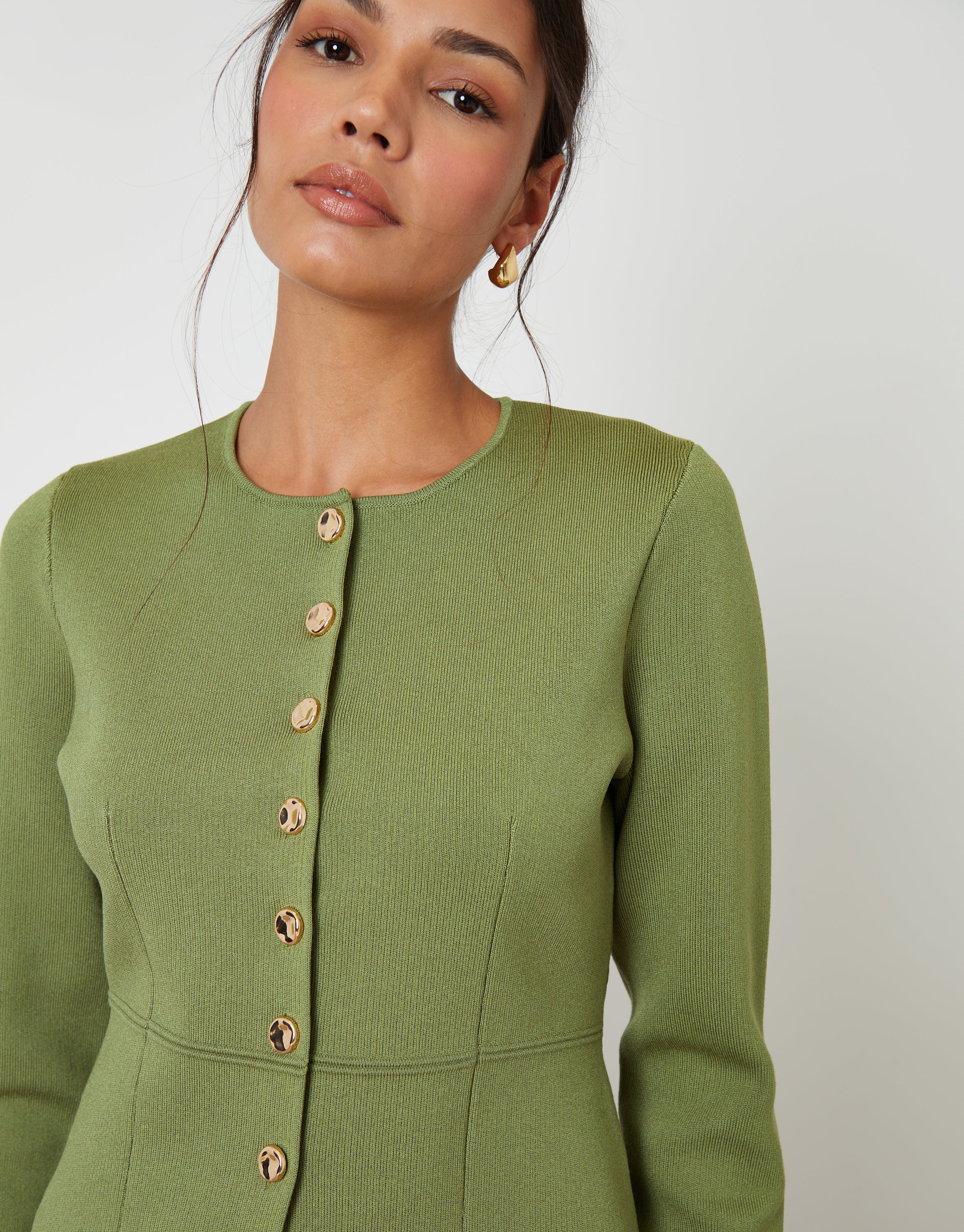 Cinched Knitted Button Up Cardigan in Olive Green - Image 3