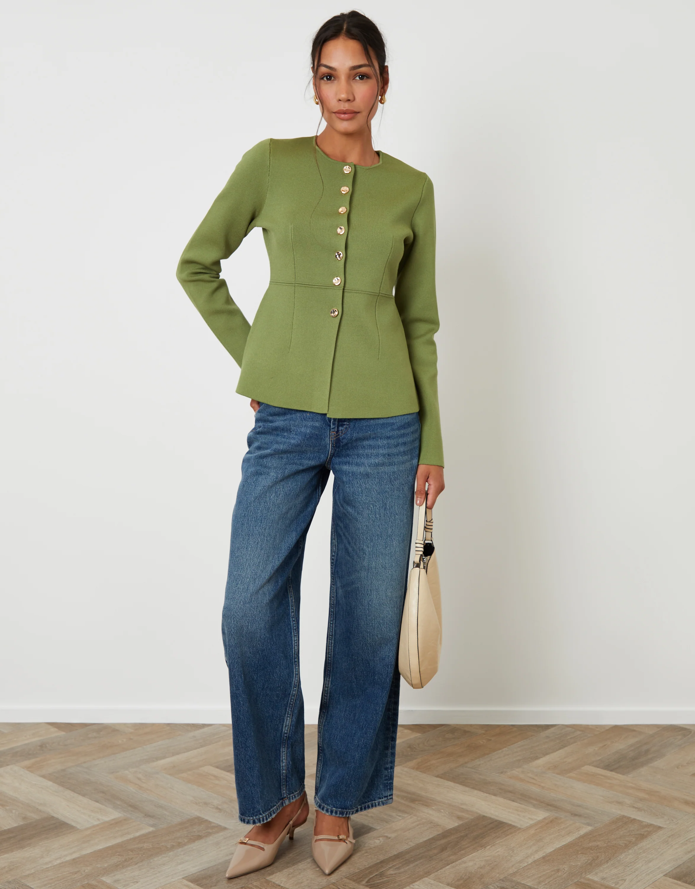 Cinched Knitted Button Up Cardigan in Olive Green - Image 4