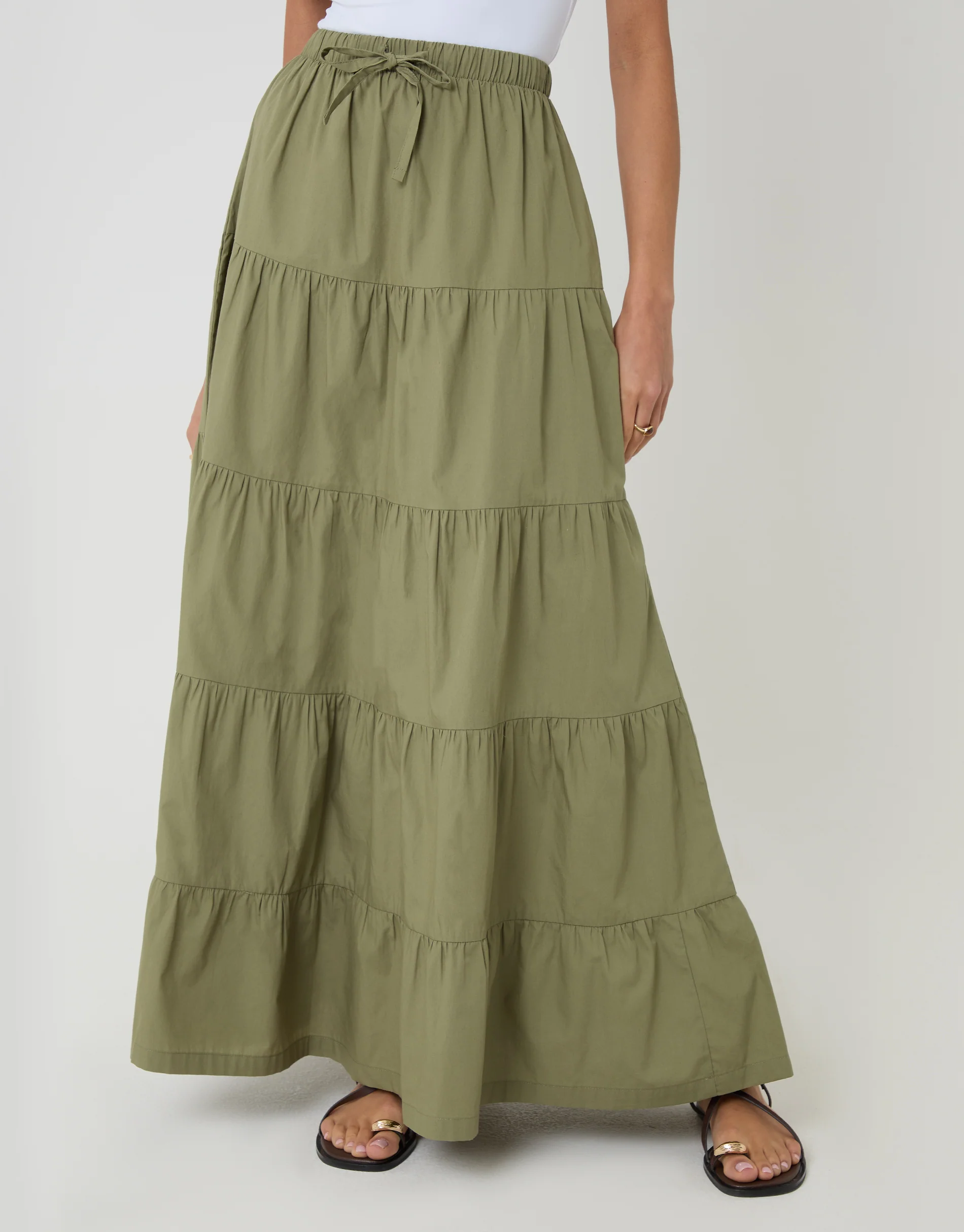 Cotton Tiered Maxi Skirt in Olive Green - Image 2