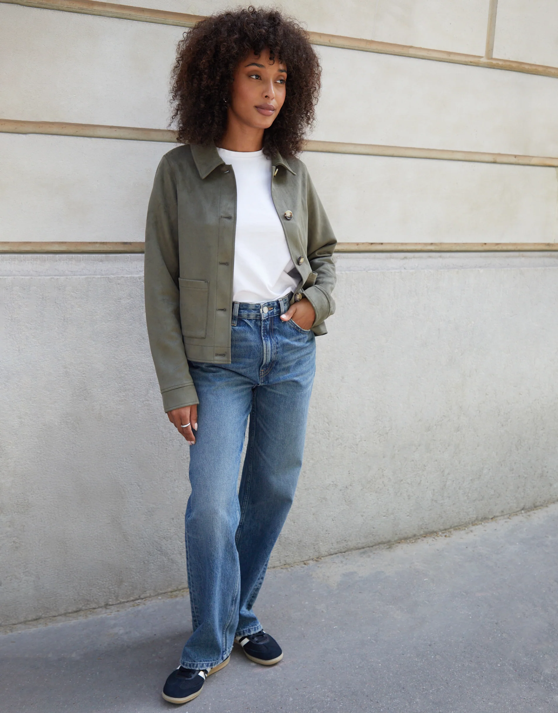 Cropped Button Up Suedette Shacket in Olive Green - Image 3