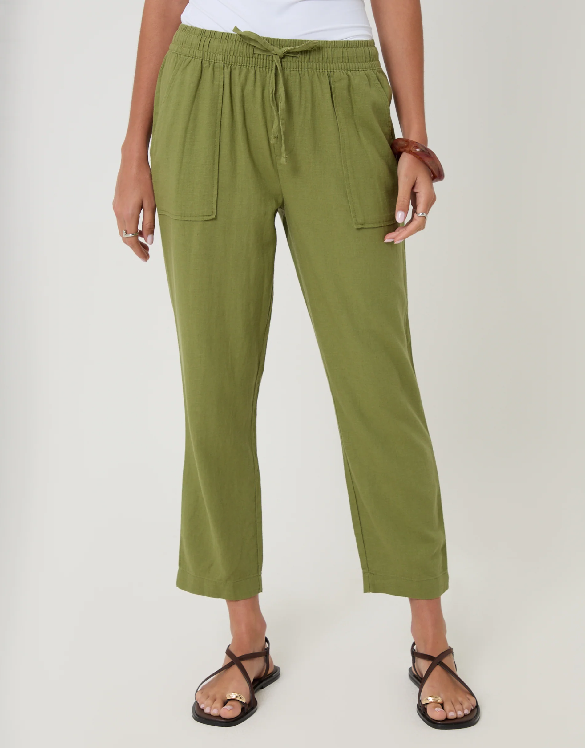 Linen Blend Drawstring Trousers in Olive Green - Image 2