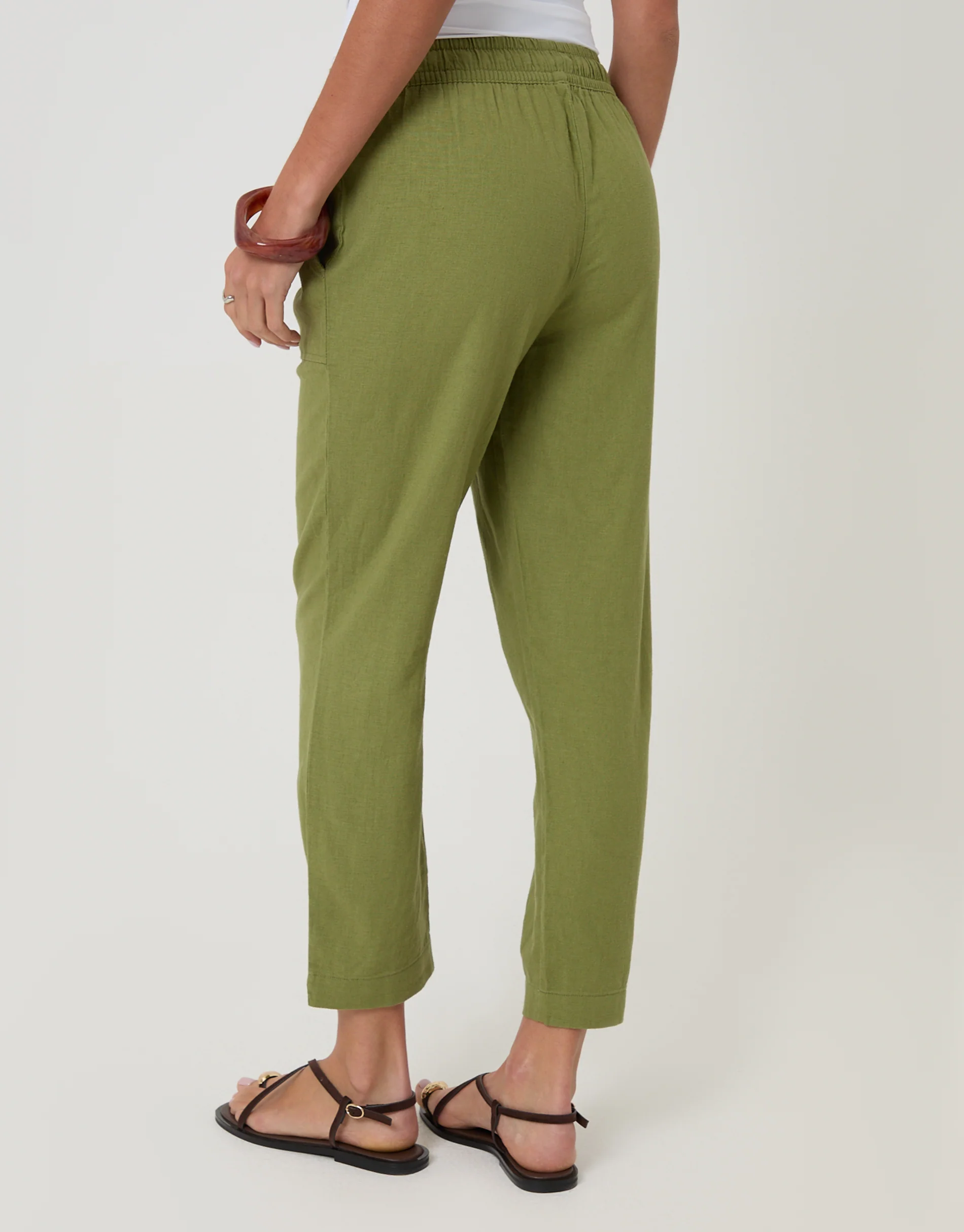 Linen Blend Drawstring Trousers in Olive Green - Image 3