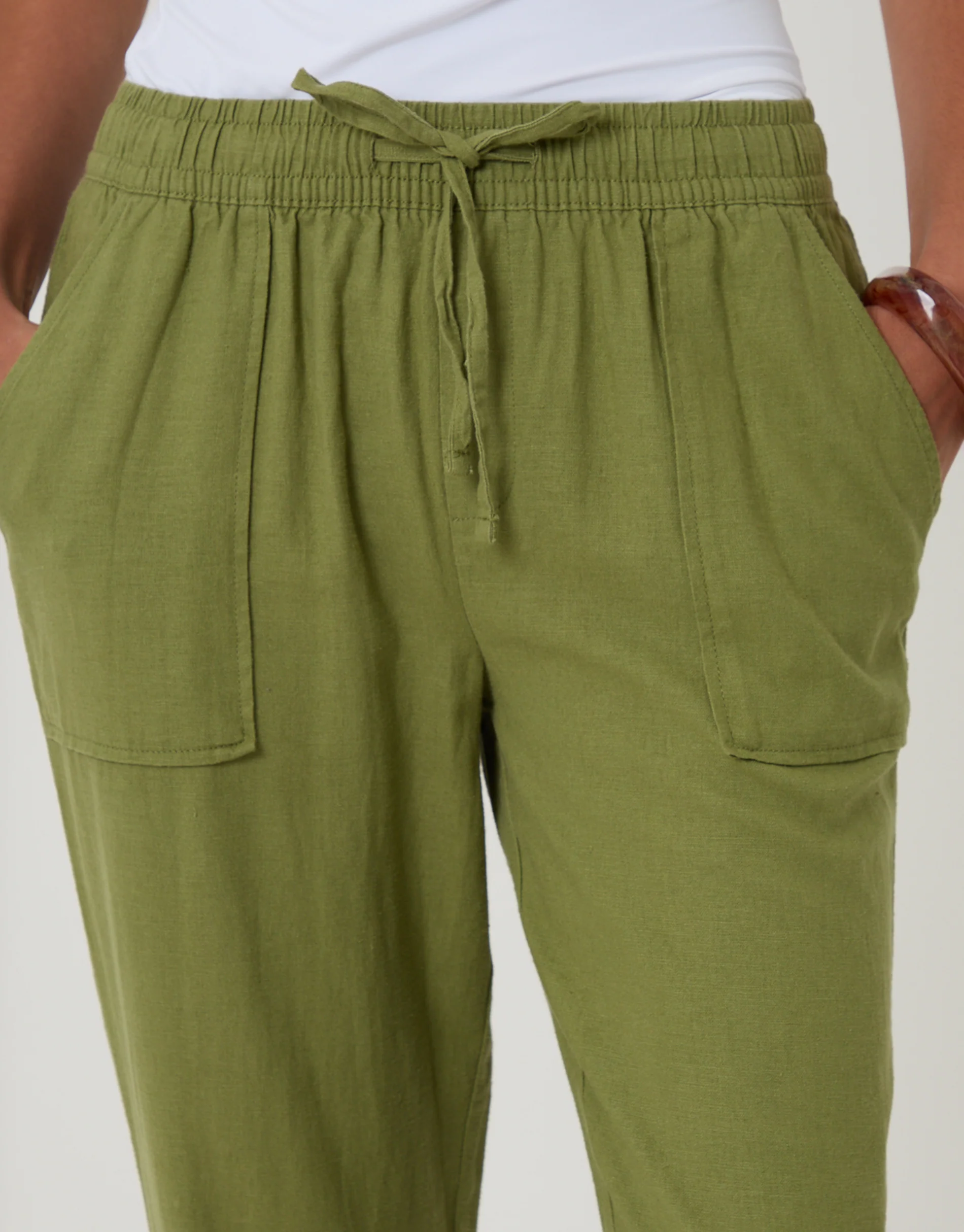 Linen Blend Drawstring Trousers in Olive Green - Image 4