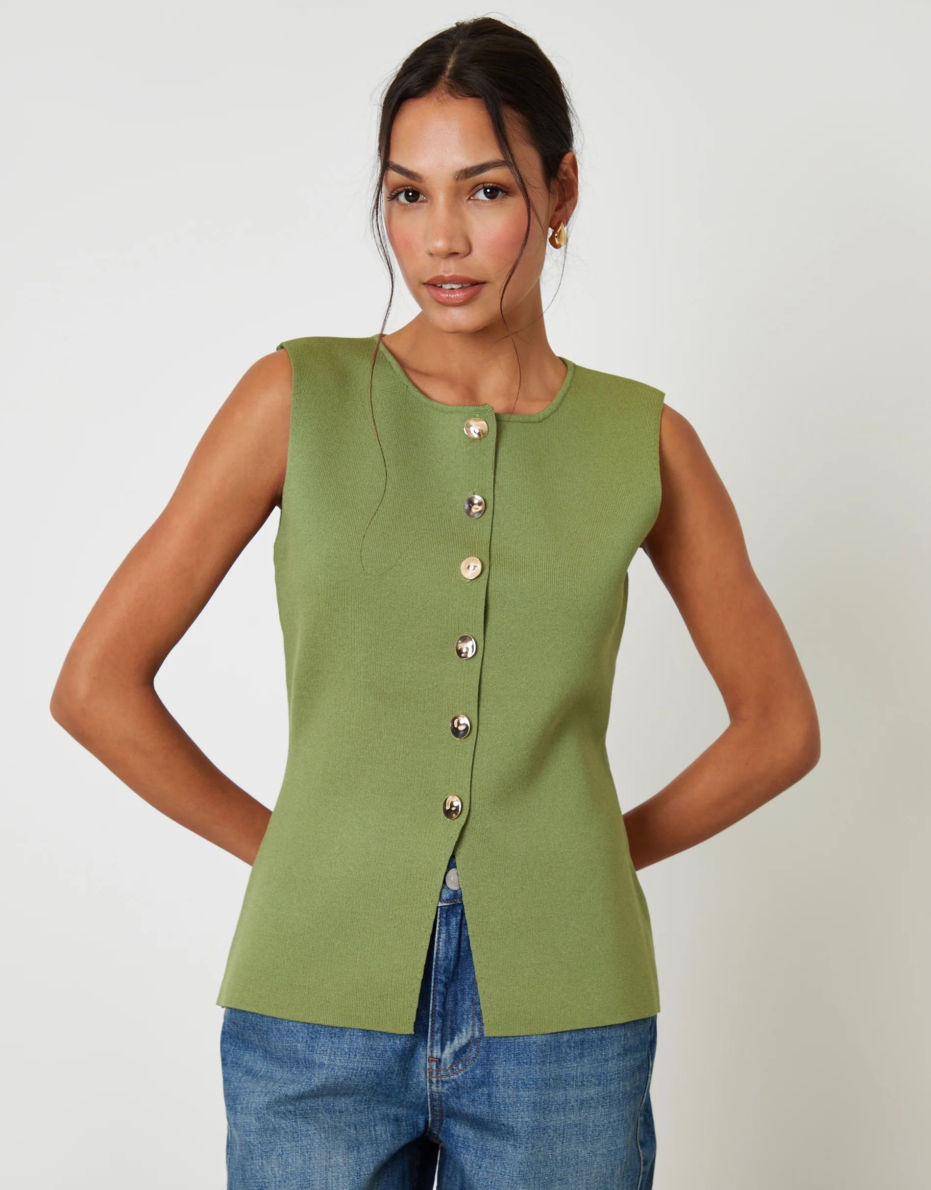 Ribbed Knitted Waistcoat in Olive Green - Image 3