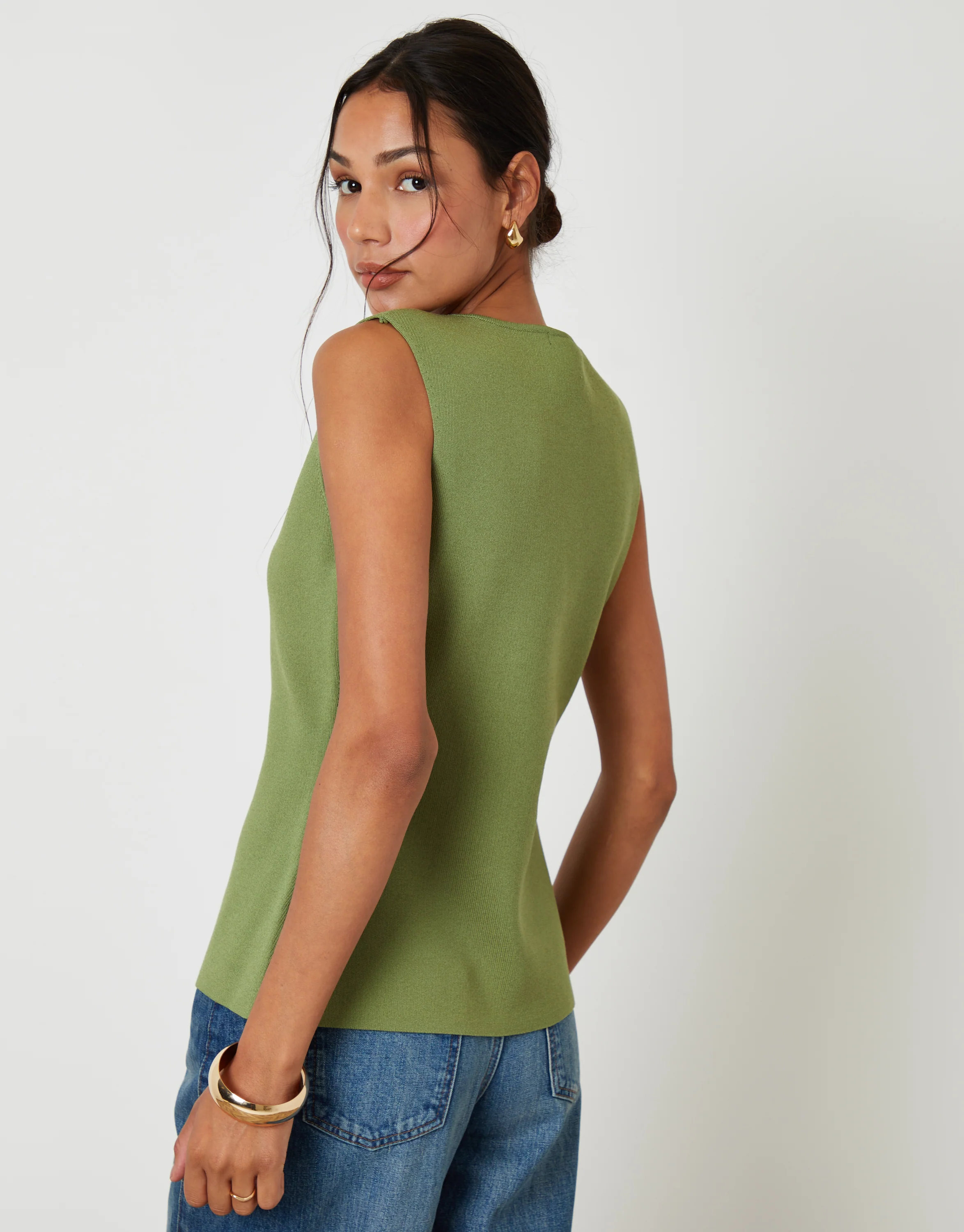 Ribbed Knitted Waistcoat in Olive Green - Image 4