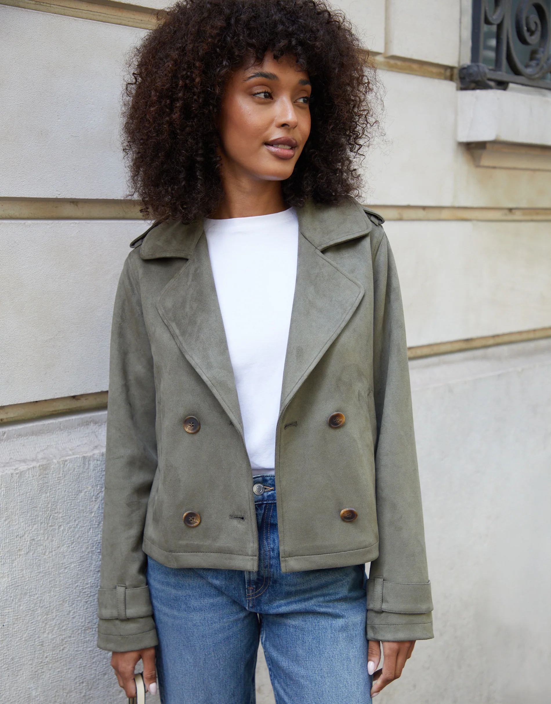 Suedette Cropped Trench Coat in Olive Green