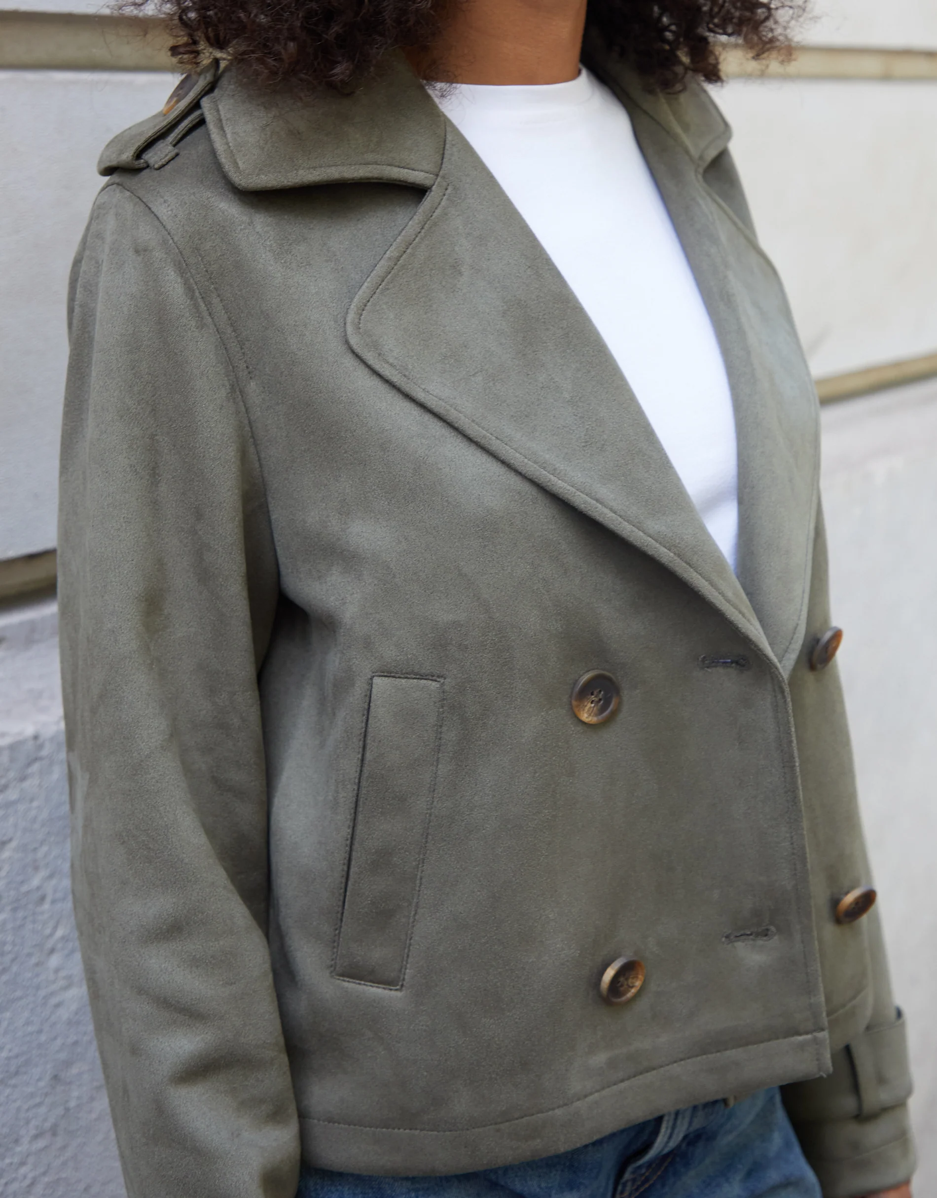 Suedette Cropped Trench Coat in Olive Green - Image 4